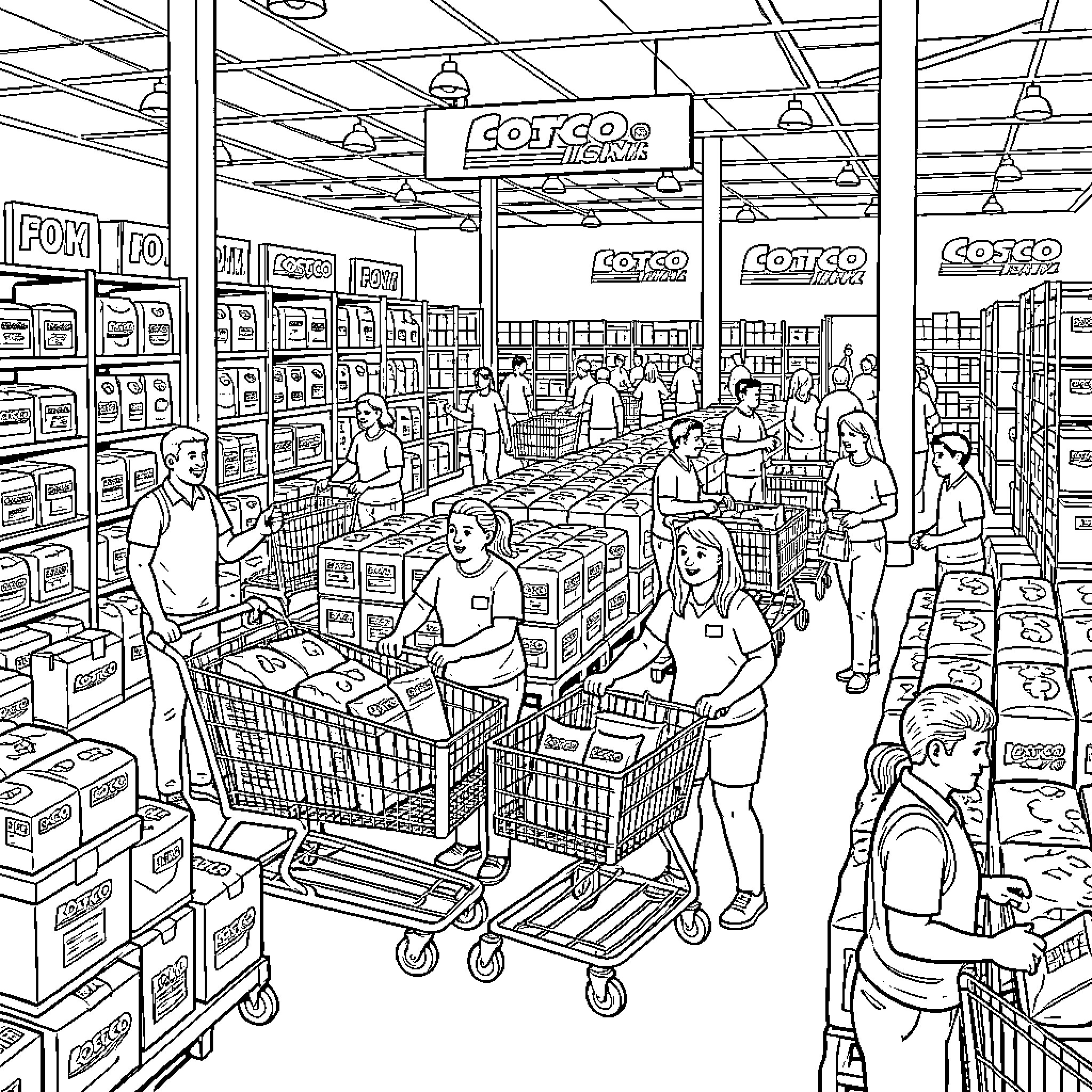 Shopping at a busy Costco store Coloring Page (free black-and-white line drawing printable PDF for all, from beginners to advanced learners, including children, teens, adults, and seniors)