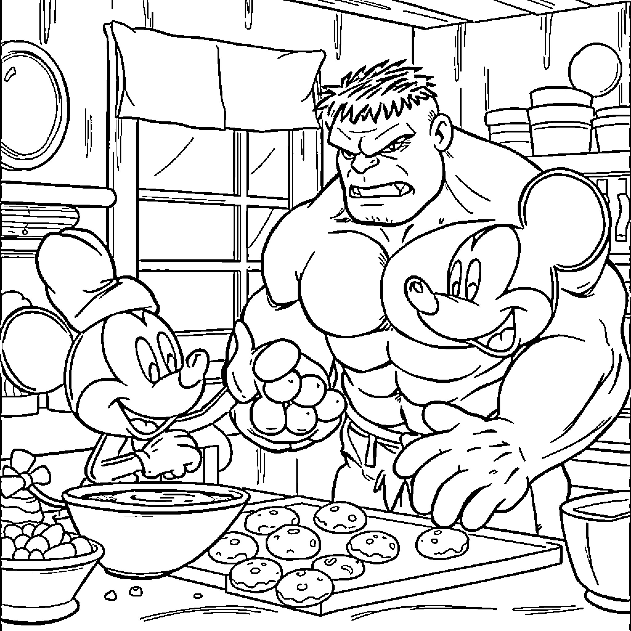 Hulk and Mickey Mouse Baking Cookies in the Kitchen Coloring Page (free black-and-white line drawing printable PDF for all, from beginners to advanced learners, including children, teens, adults, and seniors)