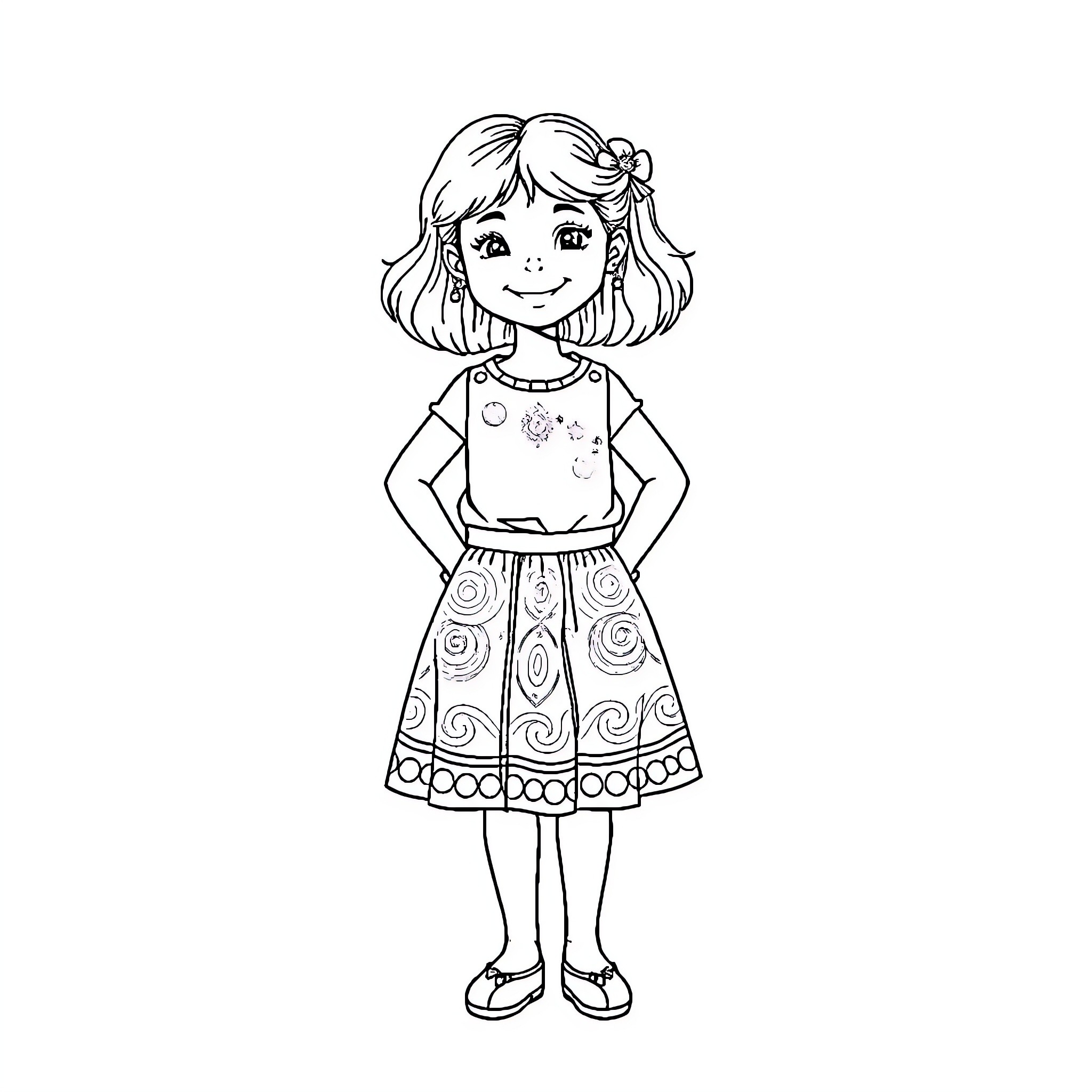 Girl in Cheerful Dress and Pigtails Coloring Page (free black-and-white line drawing printable PDF for all, from beginners to advanced learners, including children, teens, adults, and seniors)
