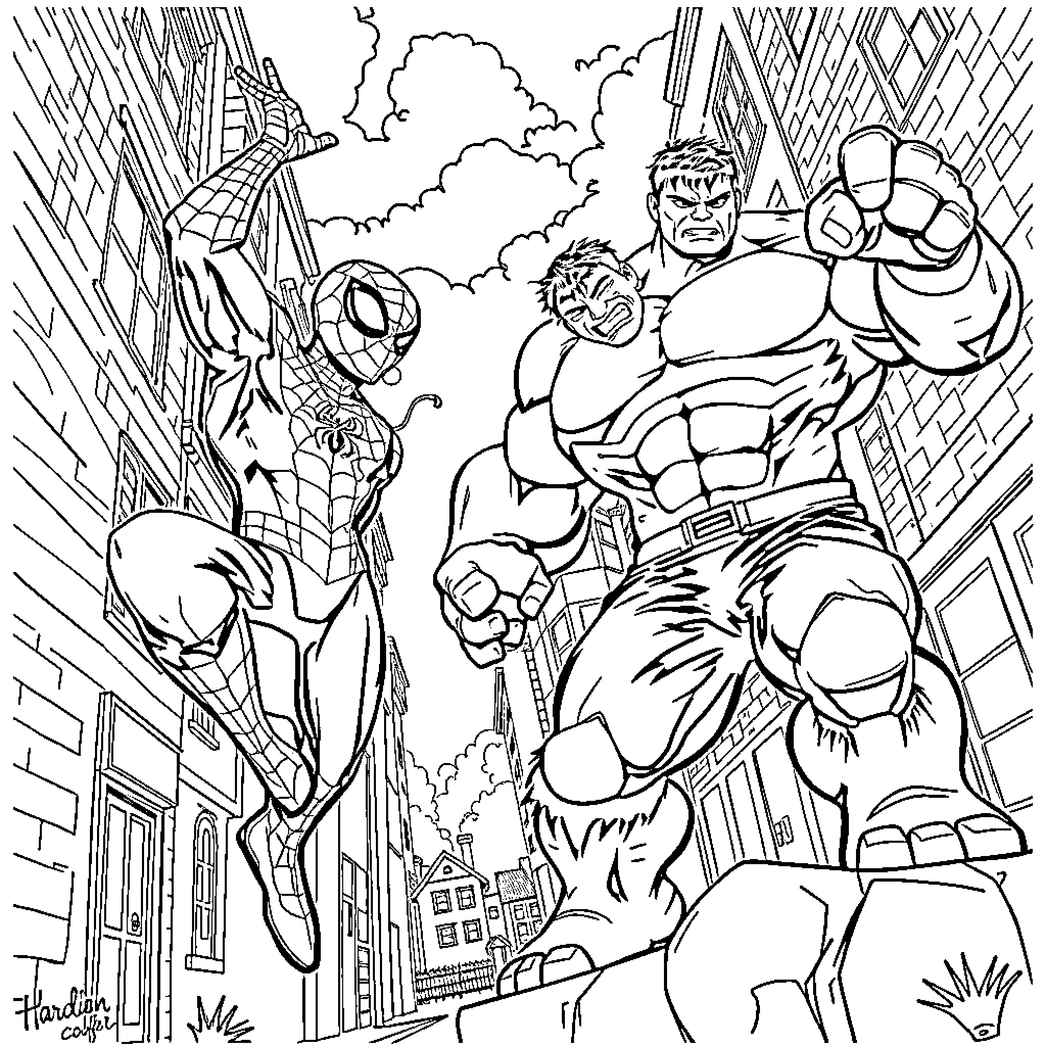 Spider-Man battles a powerful foe in the city Coloring Page (free black-and-white line drawing printable PDF for all, from beginners to advanced learners, including children, teens, adults, and seniors)