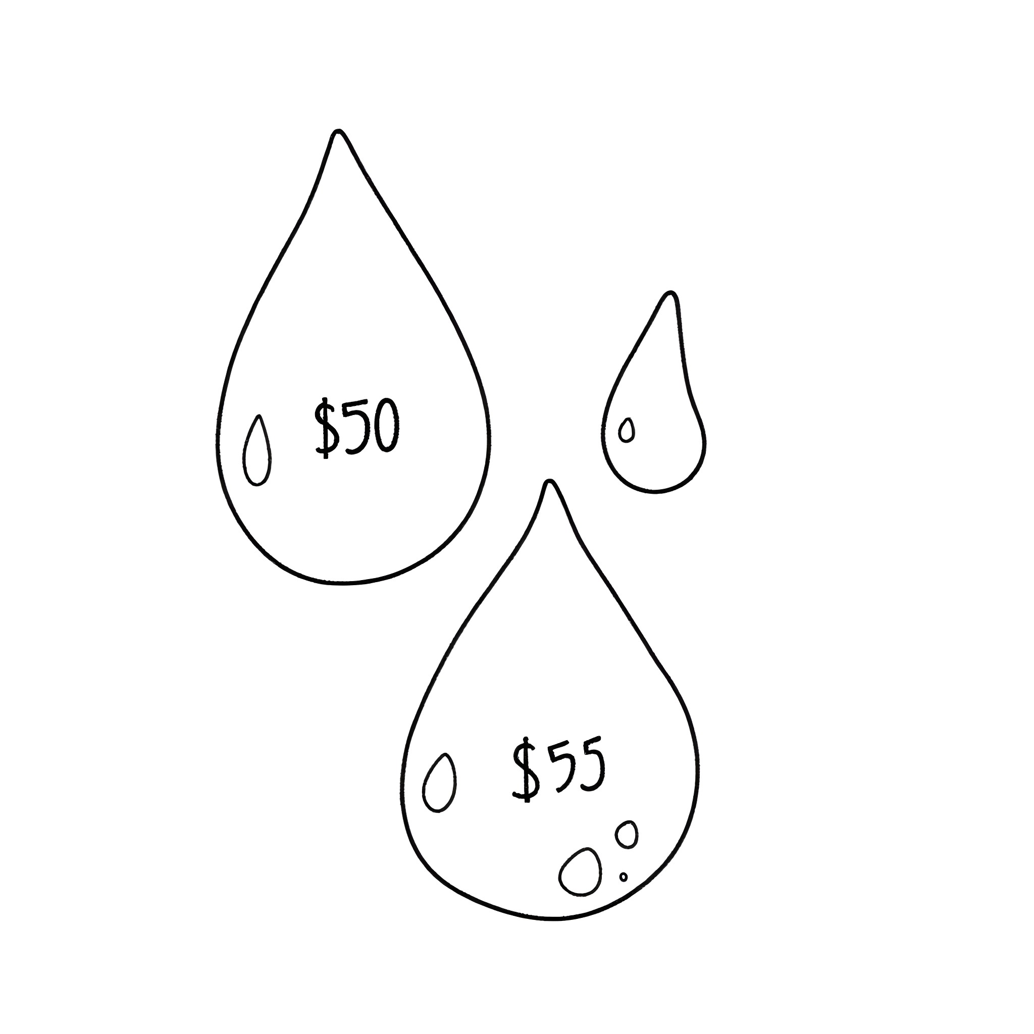 Water Droplet Pricing Coloring Page (free black-and-white line drawing printable PDF for all, from beginners to advanced learners, including children, teens, adults, and seniors)