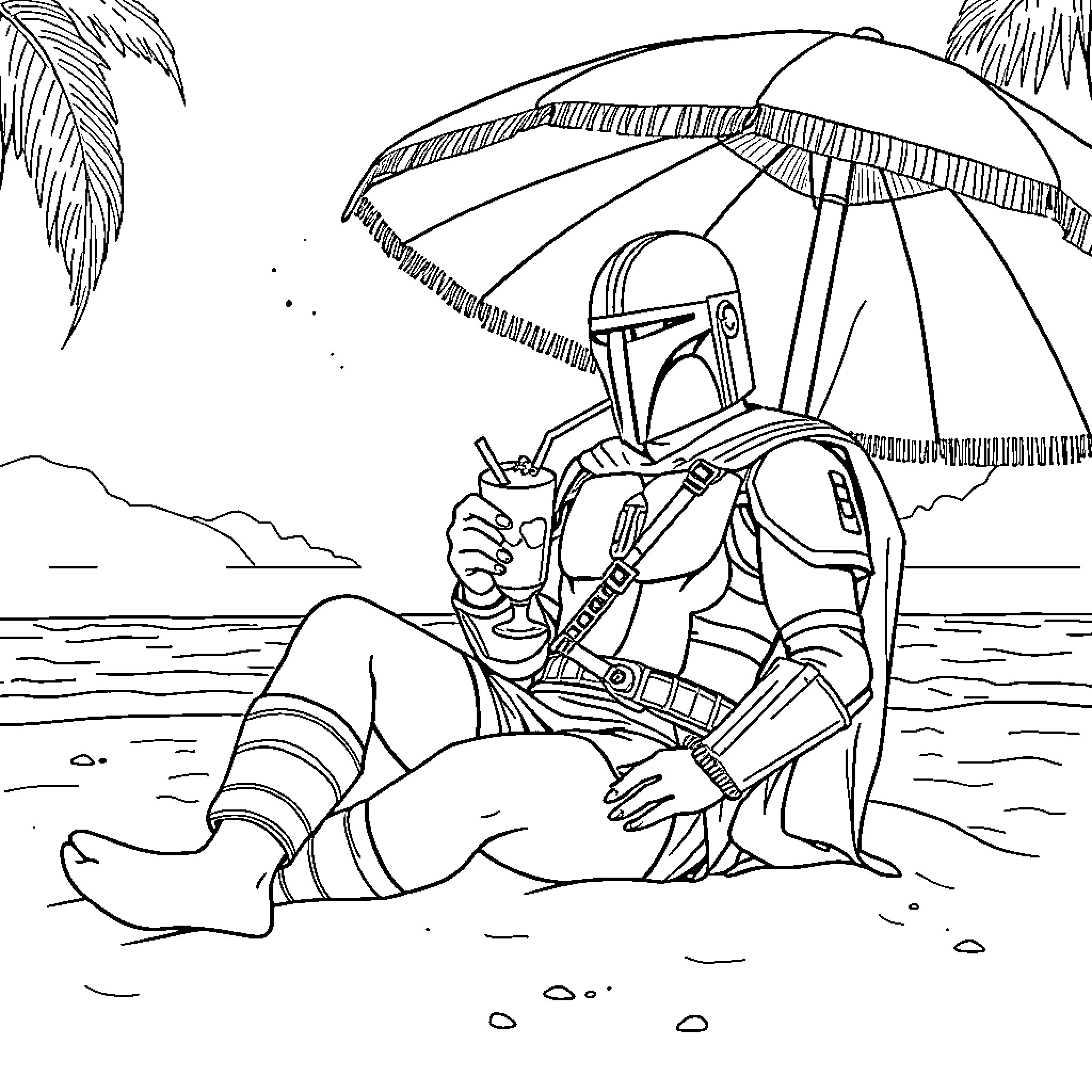 Mandalorian relaxing on the beach with drink and umbrella Coloring Page (free black-and-white line drawing printable PDF for all, from beginners to advanced learners, including children, teens, adults, and seniors)