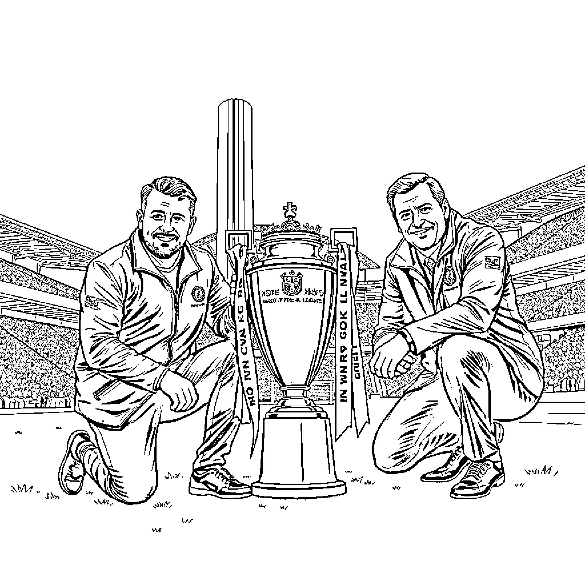 Daniel Farke posing with trophy at stadium Coloring Page (free black-and-white line drawing printable PDF for all, from beginners to advanced learners, including children, teens, adults, and seniors)