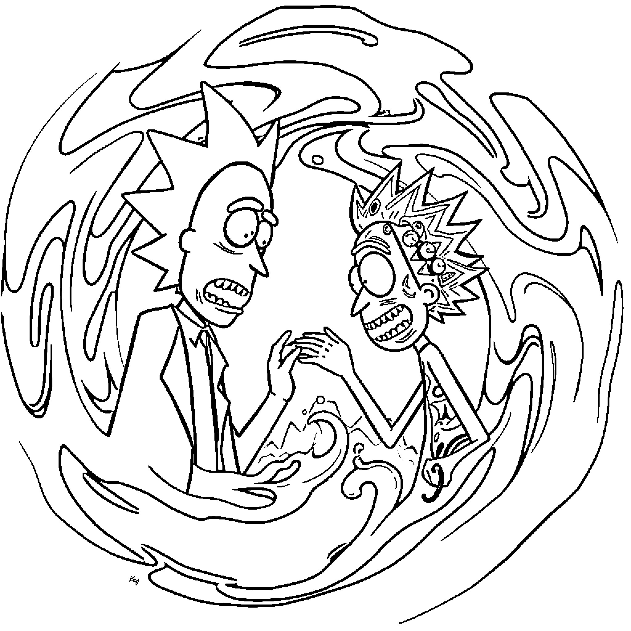 Rick's wild and zany adventure Coloring Page (free black-and-white line drawing printable PDF for all, from beginners to advanced learners, including children, teens, adults, and seniors)