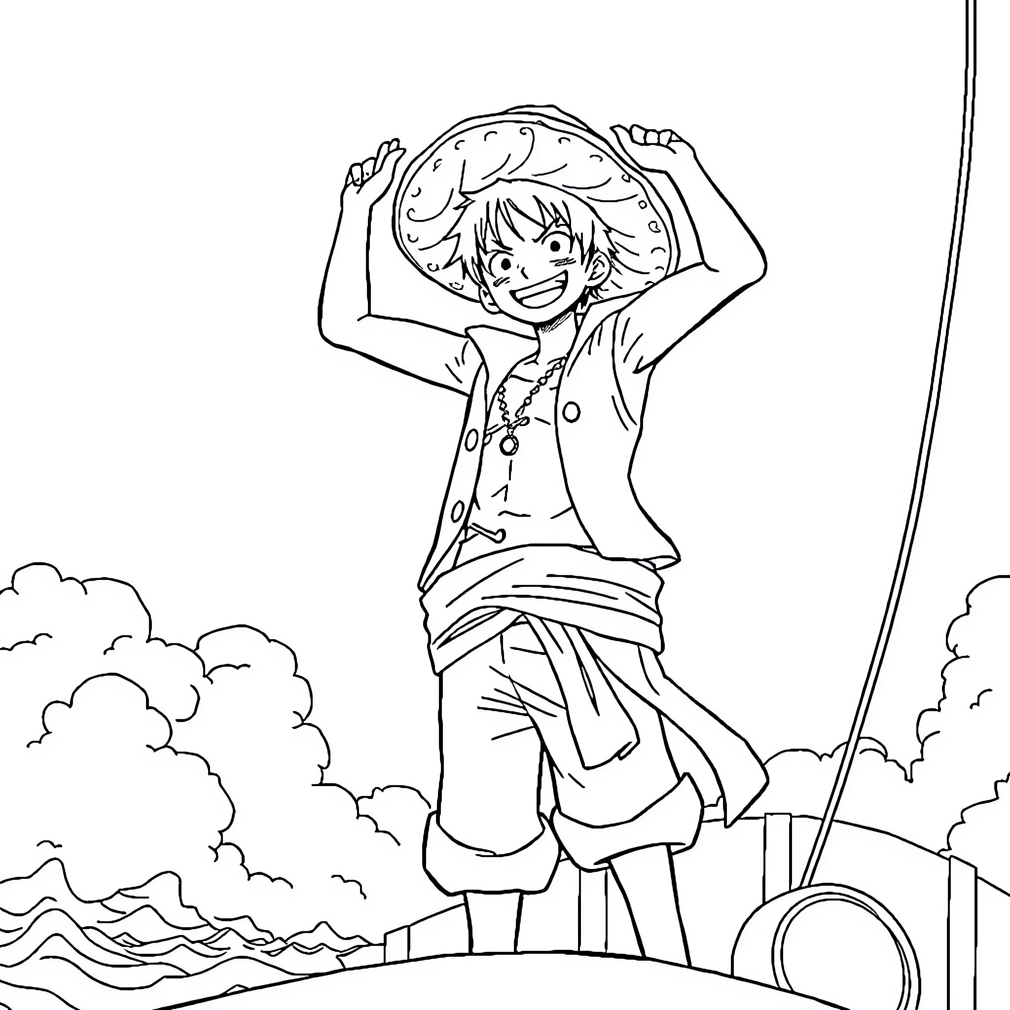 Luffy's Exuberant Adventure Amid the Clouds Coloring Page (free black-and-white line drawing printable PDF for all, from beginners to advanced learners, including children, teens, adults, and seniors)