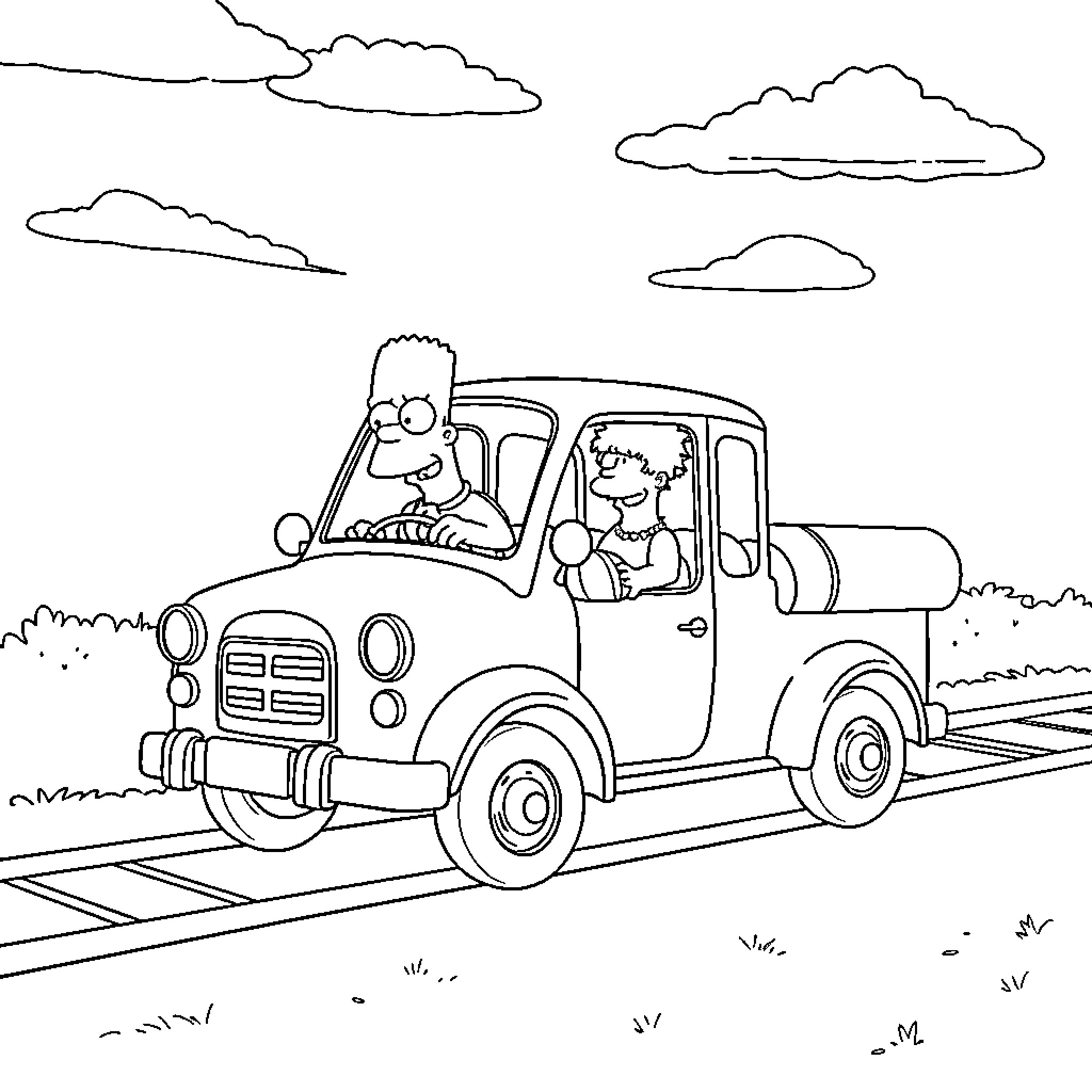 Simpson Car Going on a Road Trip Coloring Page (free black-and-white line drawing printable PDF for all, from beginners to advanced learners, including children, teens, adults, and seniors)