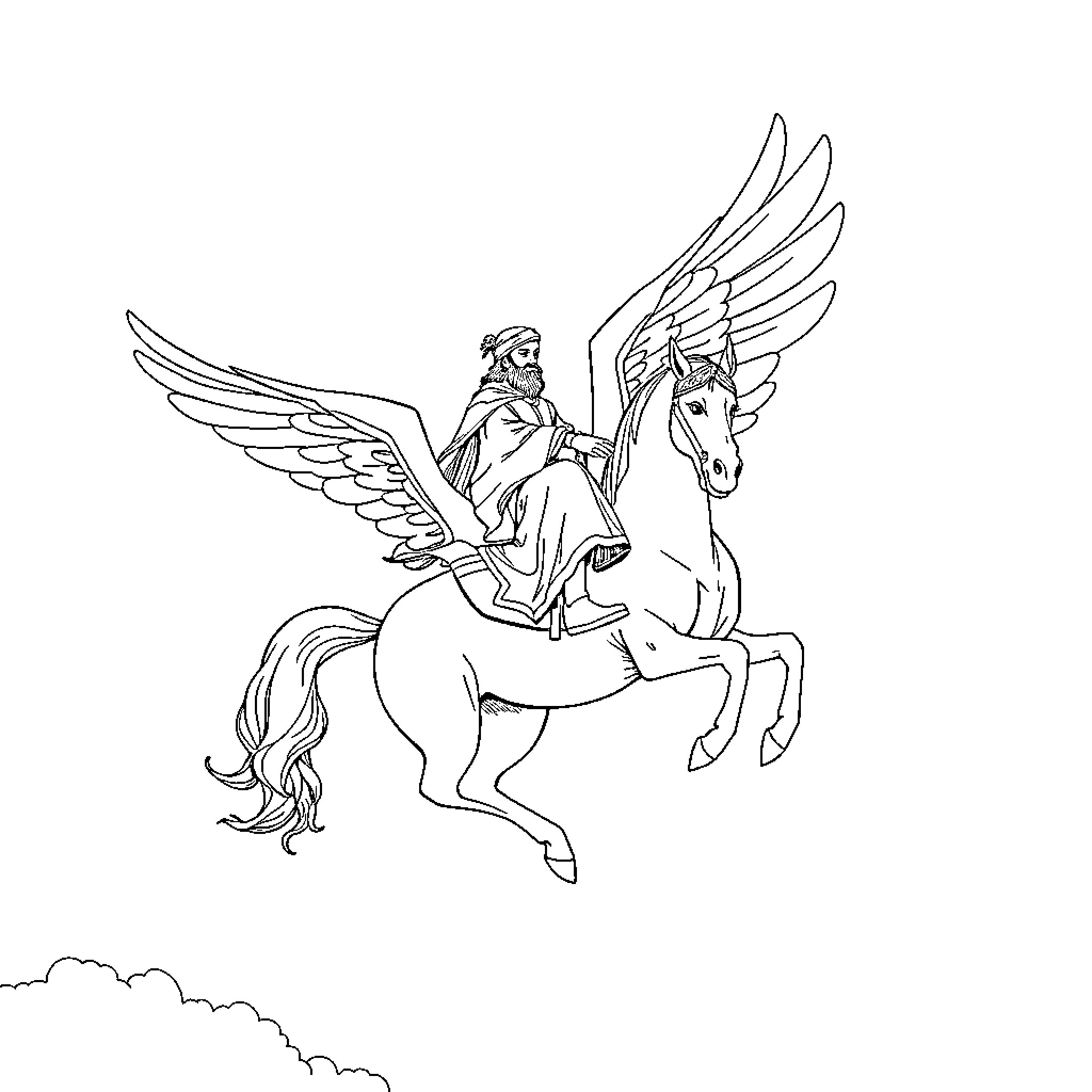 Rumi riding a winged horse in the sky Coloring Page (free black-and-white line drawing printable PDF for all, from beginners to advanced learners, including children, teens, adults, and seniors)