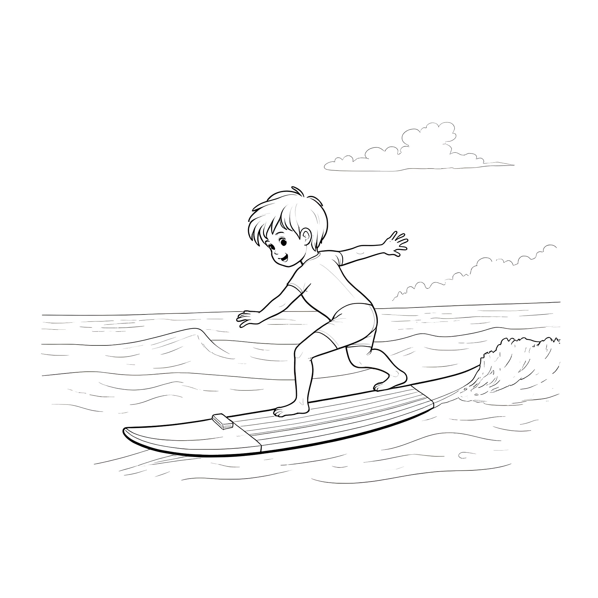 Toddler surfing on a wave in the ocean Coloring Page (free black-and-white line drawing printable PDF for all, from beginners to advanced learners, including children, teens, adults, and seniors)