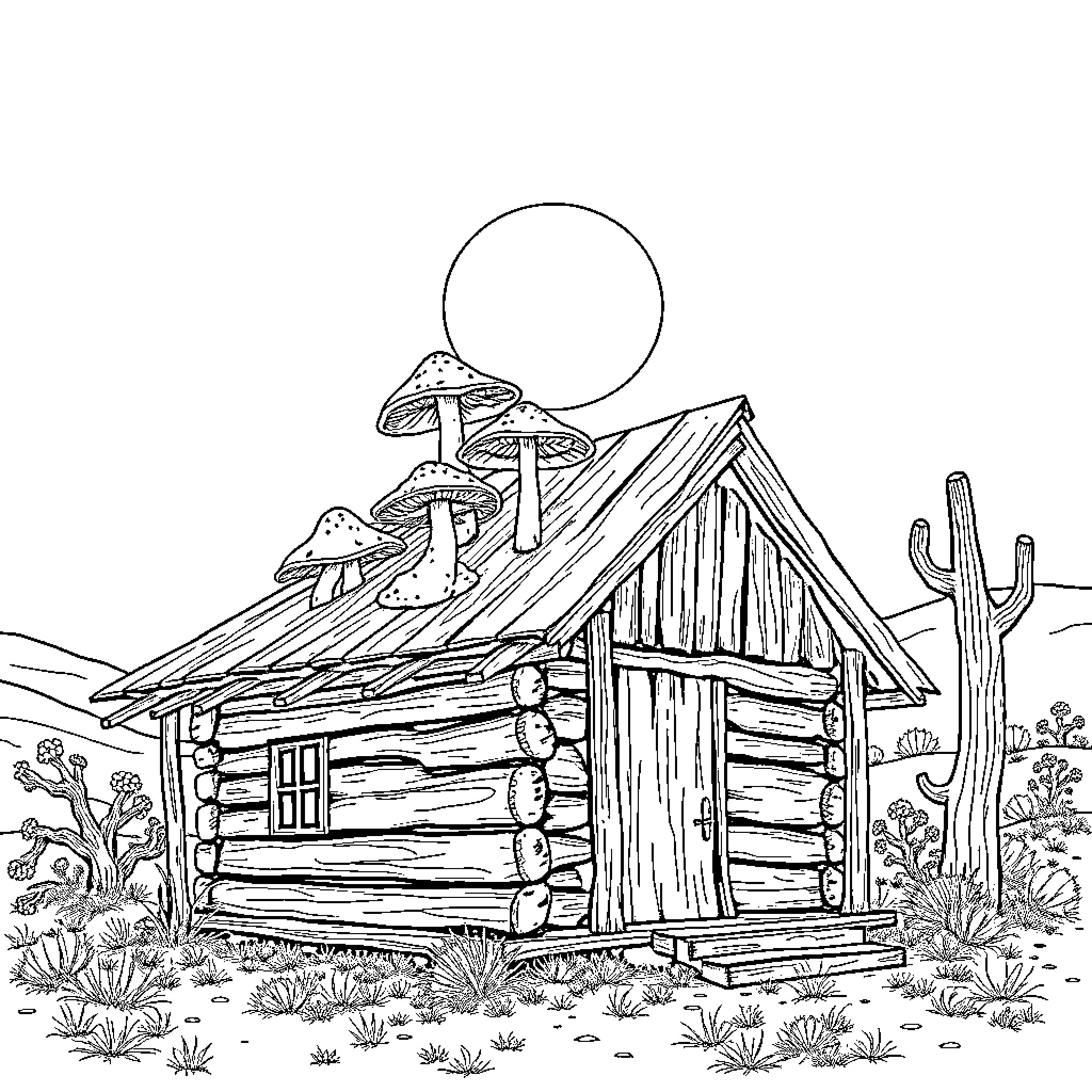 Mushroom cabin nestled in desert landscape Coloring Page (free black-and-white line drawing printable PDF for all, from beginners to advanced learners, including children, teens, adults, and seniors)