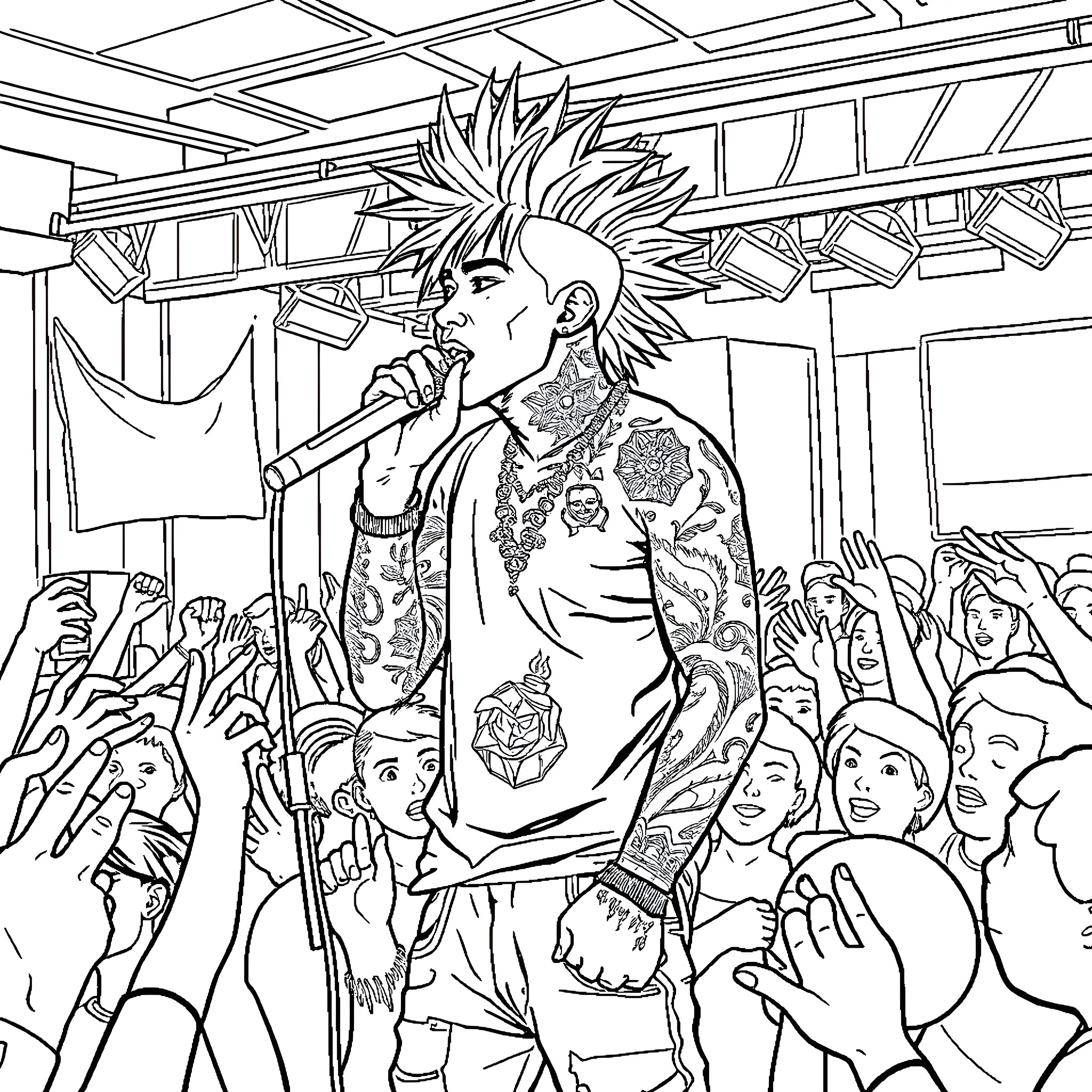 Xxxtentacion performing energetically on stage Coloring Page (free black-and-white line drawing printable PDF for all, from beginners to advanced learners, including children, teens, adults, and seniors)