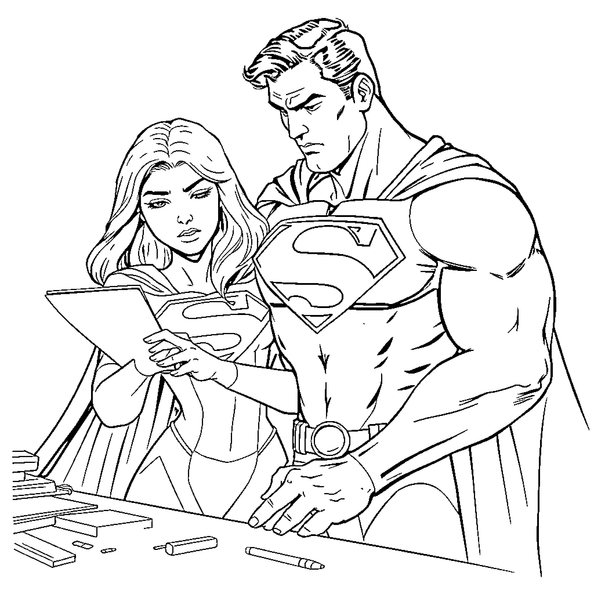 Superman and Superwoman in intense discussion Coloring Page (free black-and-white line drawing printable PDF for all, from beginners to advanced learners, including children, teens, adults, and seniors)