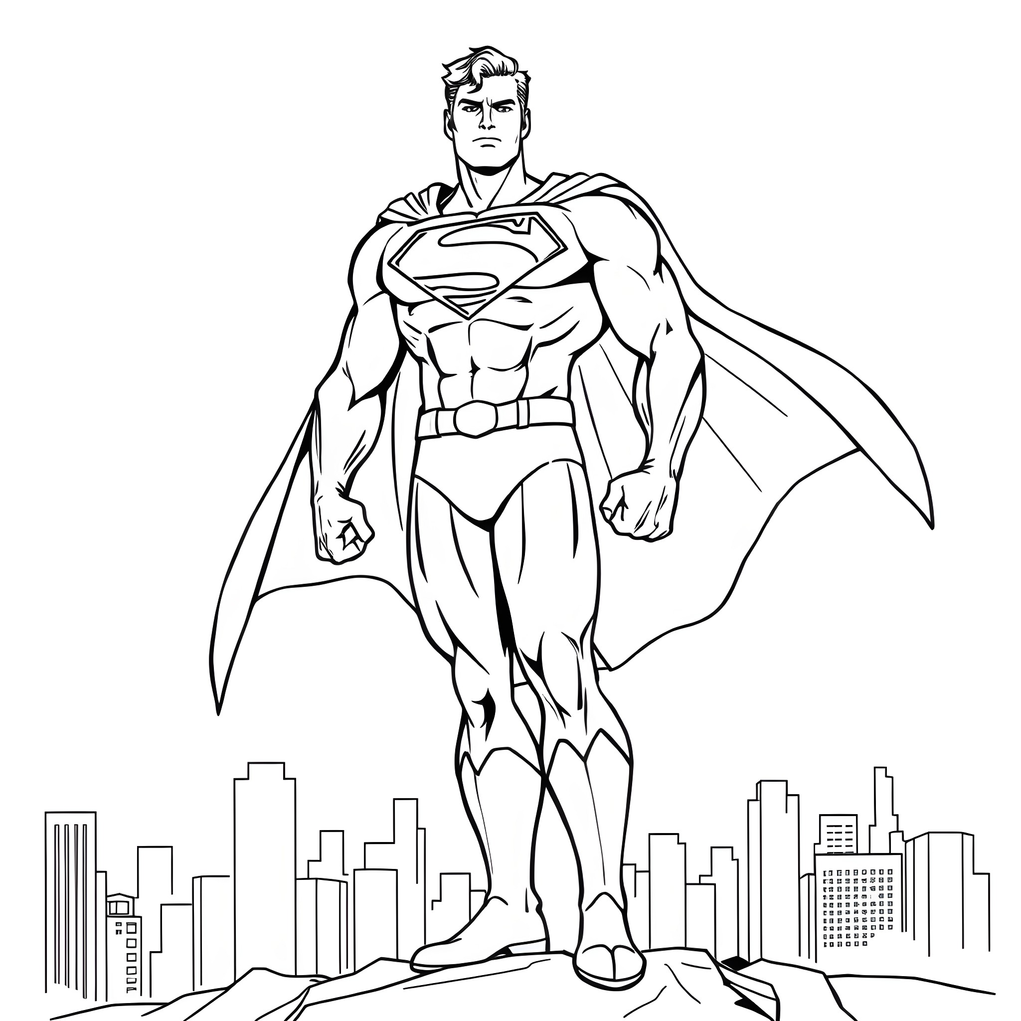 Superman Heroically Stands Before the City Coloring Page (free black-and-white line drawing printable PDF for all, from beginners to advanced learners, including children, teens, adults, and seniors)