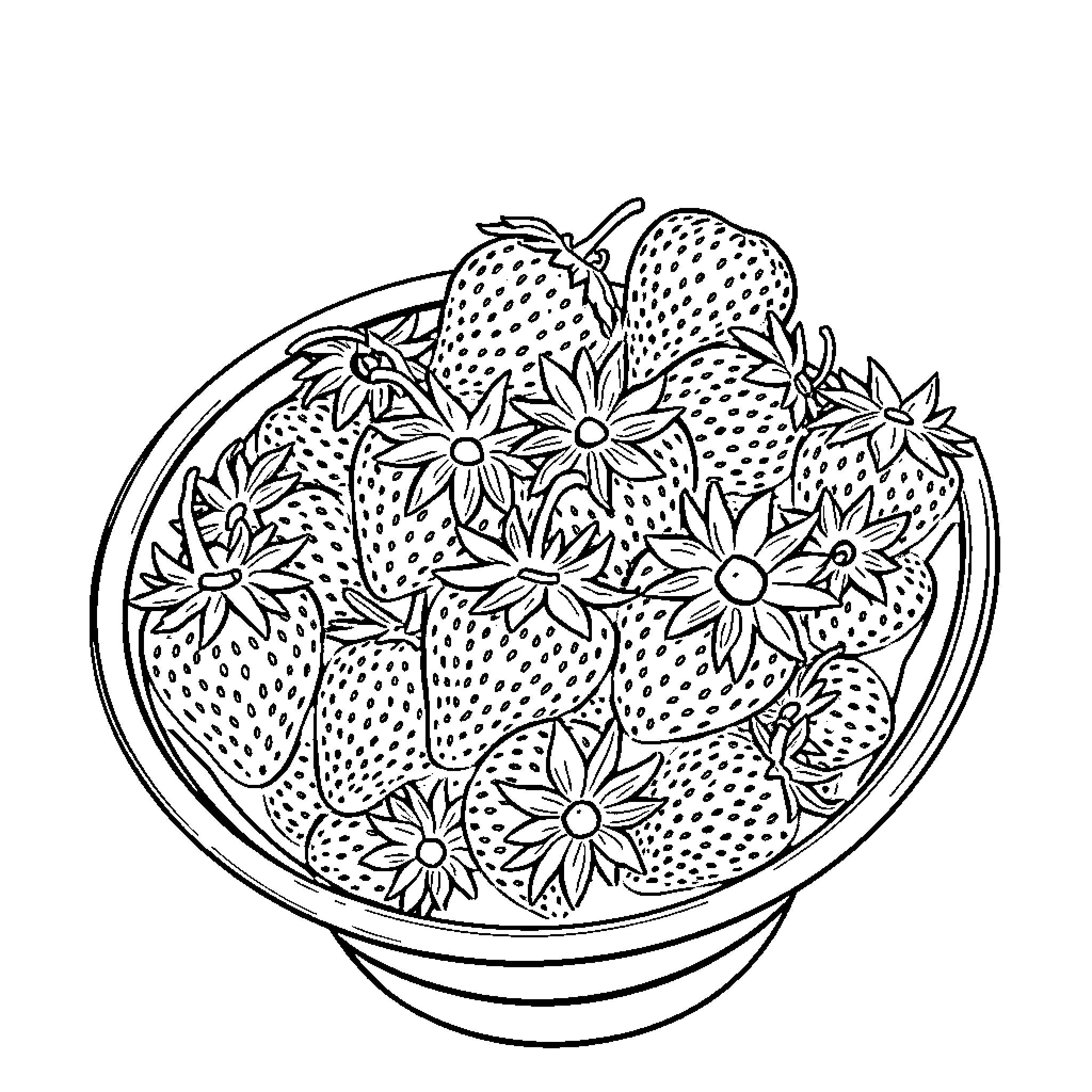 Colander filled with vibrant strawberries and flowers Coloring Page (free black-and-white line drawing printable PDF for all, from beginners to advanced learners, including children, teens, adults, and seniors)
