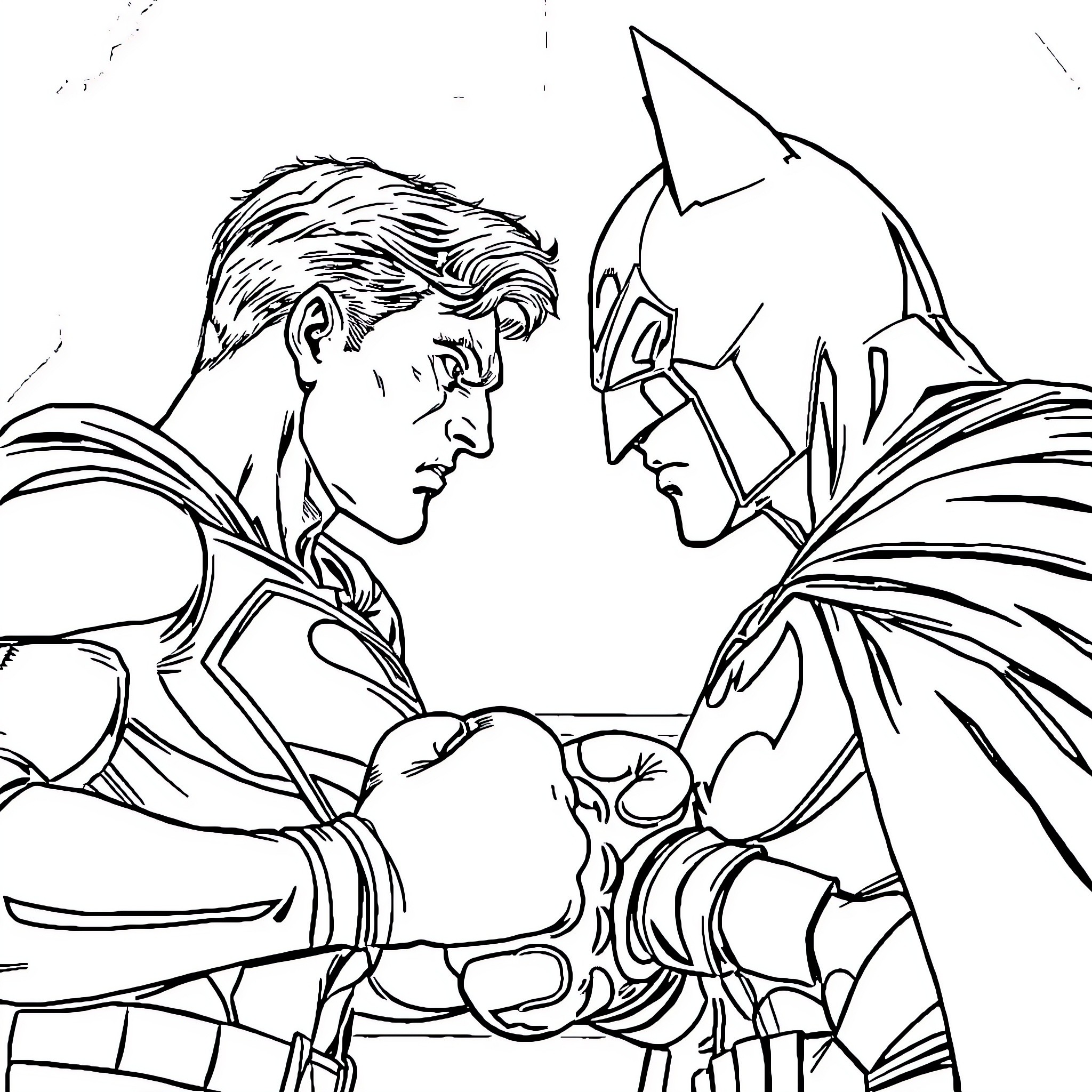 Superman and Batman in intense confrontation Coloring Page (free black-and-white line drawing printable PDF for all, from beginners to advanced learners, including children, teens, adults, and seniors)