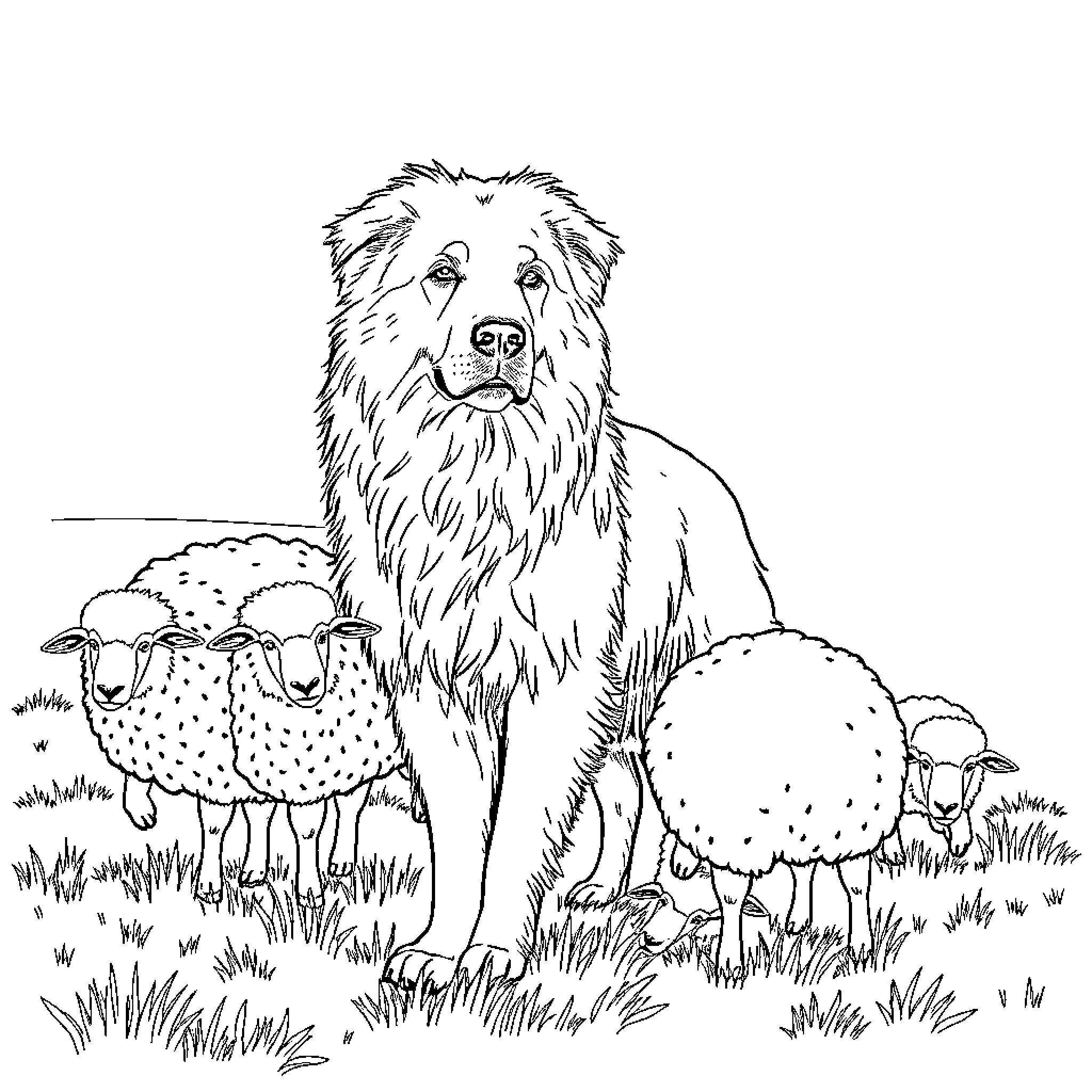 Great Pyrenees guarding flock of sheep in meadow Coloring Page (free black-and-white line drawing printable PDF for all, from beginners to advanced learners, including children, teens, adults, and seniors)