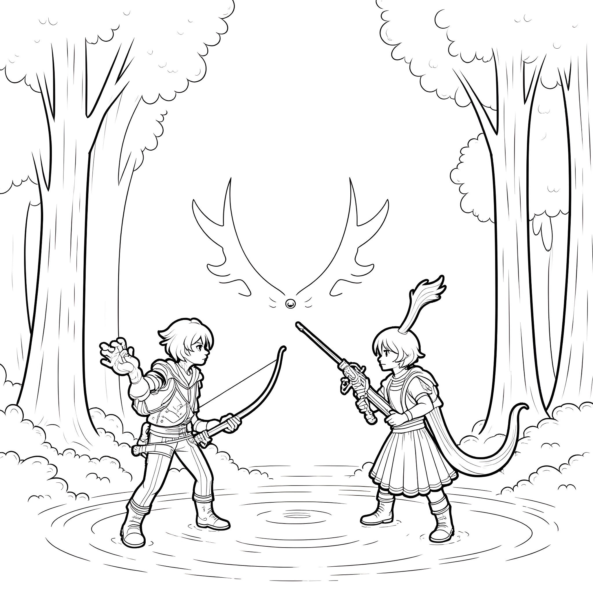 Glavenus: Brave Warriors Facing the Fearsome Beast Coloring Page (free black-and-white line drawing printable PDF for all, from beginners to advanced learners, including children, teens, adults, and seniors)