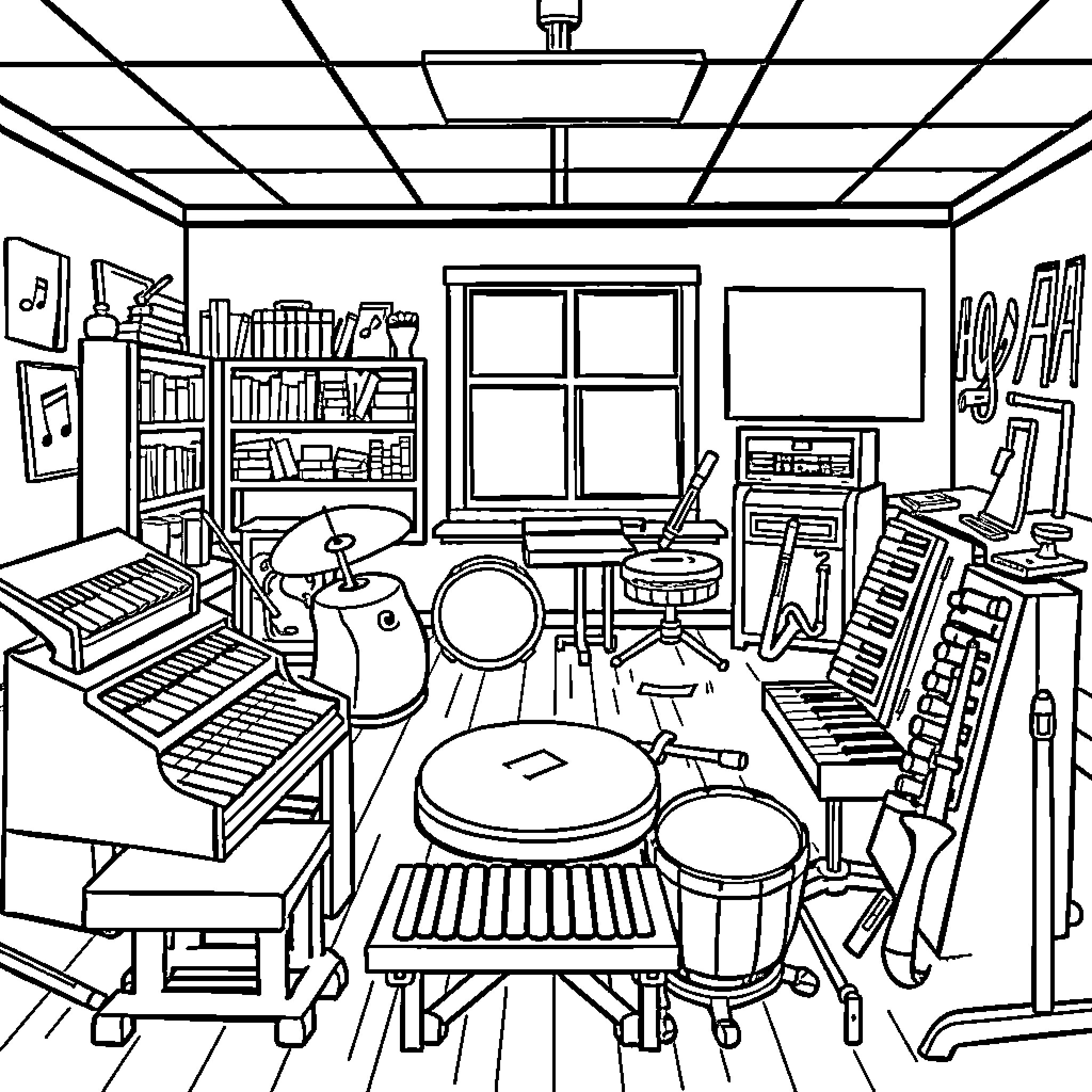 Xylophone player's rehearsal studio with musical instruments Coloring Page (free black-and-white line drawing printable PDF for all, from beginners to advanced learners, including children, teens, adults, and seniors)
