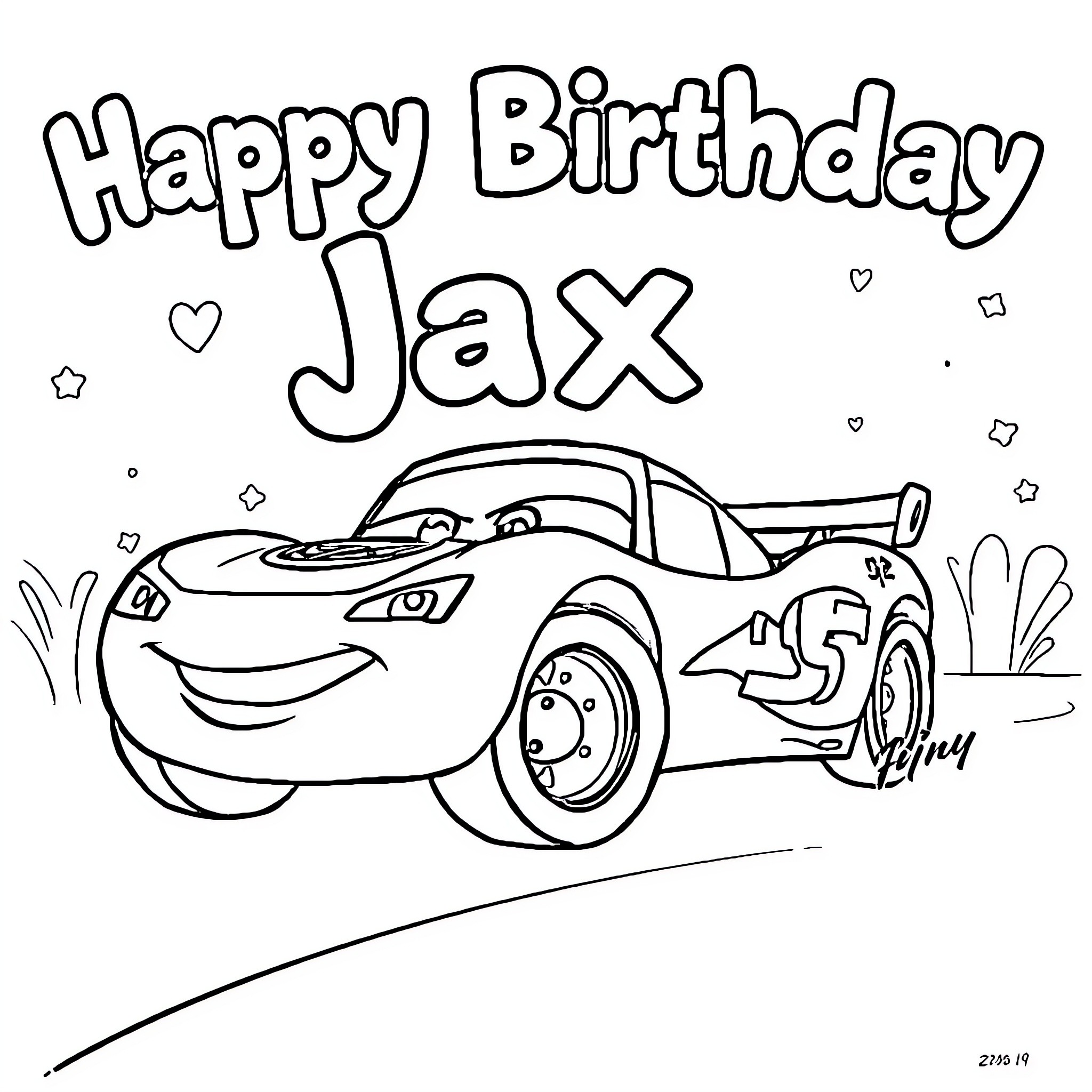 Lightning McQueen wishing a happy birthday Coloring Page (free black-and-white line drawing printable PDF for all, from beginners to advanced learners, including children, teens, adults, and seniors)