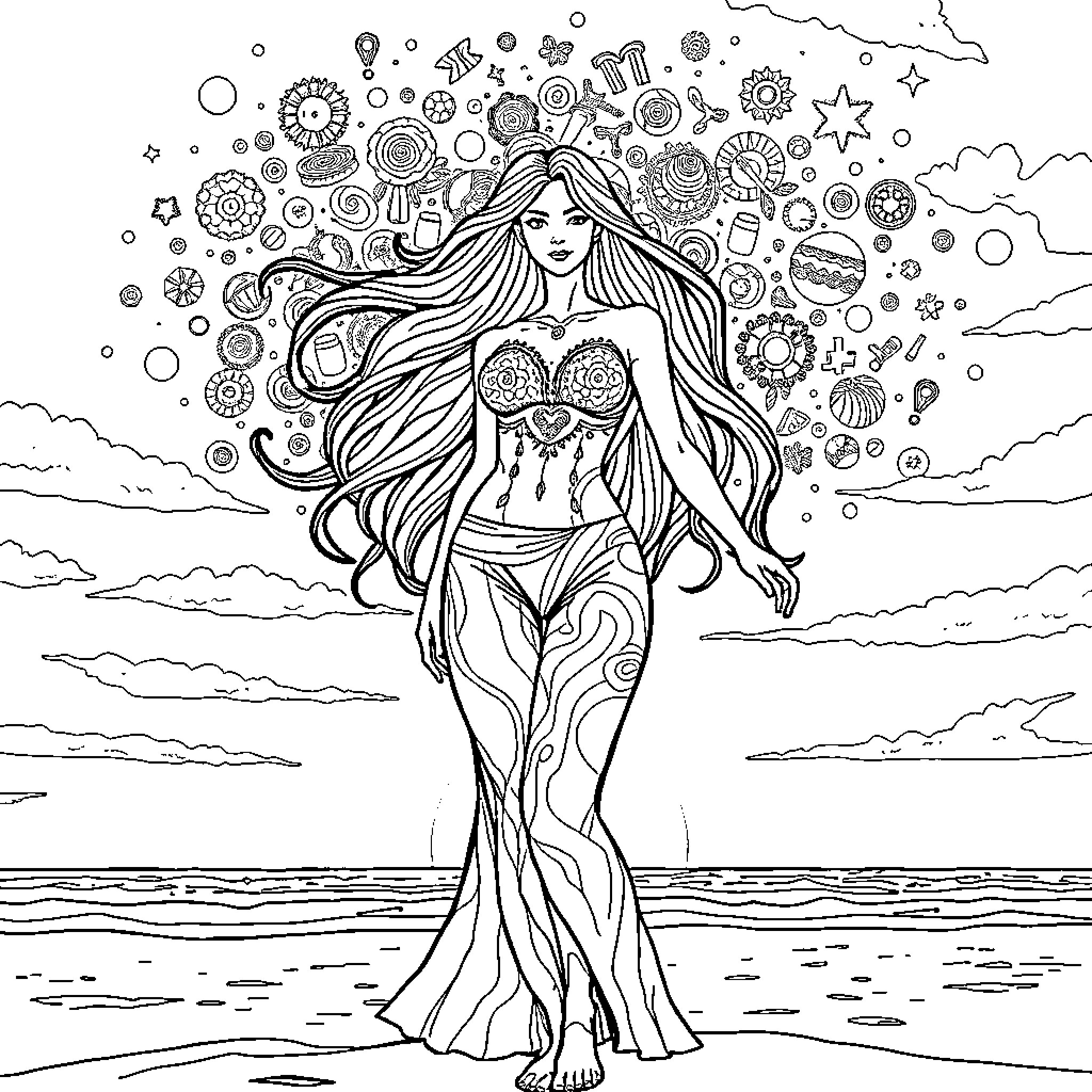 Gemini: Enchanting Mermaid Spirit Emerges from the Depths Coloring Page (free black-and-white line drawing printable PDF for all, from beginners to advanced learners, including children, teens, adults, and seniors)