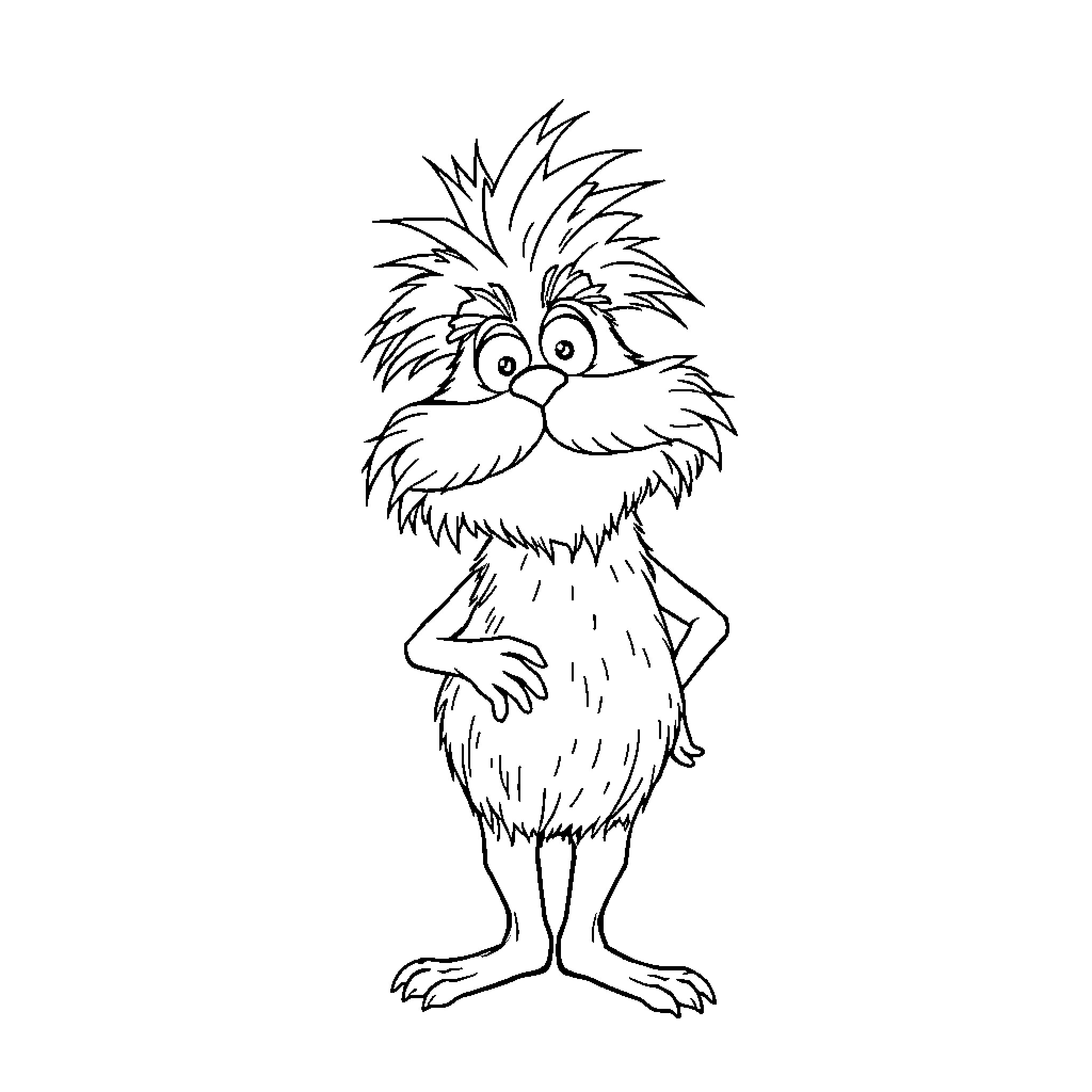 Lorax character standing with expressive features Coloring Page (free black-and-white line drawing printable PDF for all, from beginners to advanced learners, including children, teens, adults, and seniors)