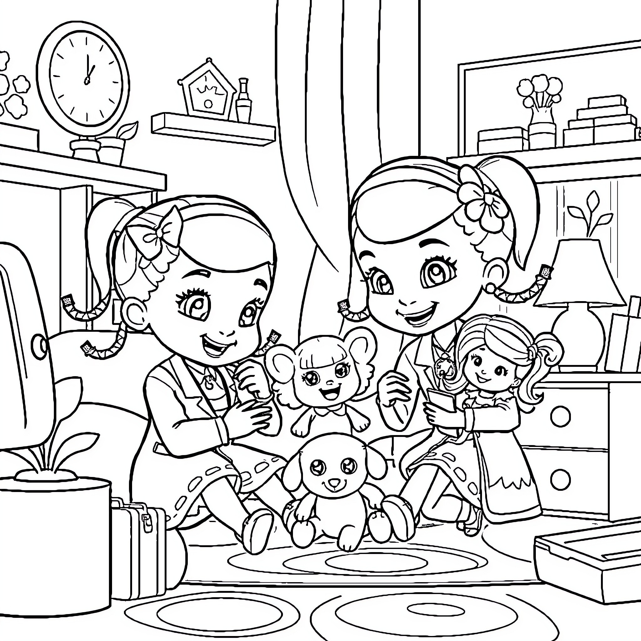 Doc McStuffins and her friends playing happily together Coloring Page (free black-and-white line drawing printable PDF for all, from beginners to advanced learners, including children, teens, adults, and seniors)