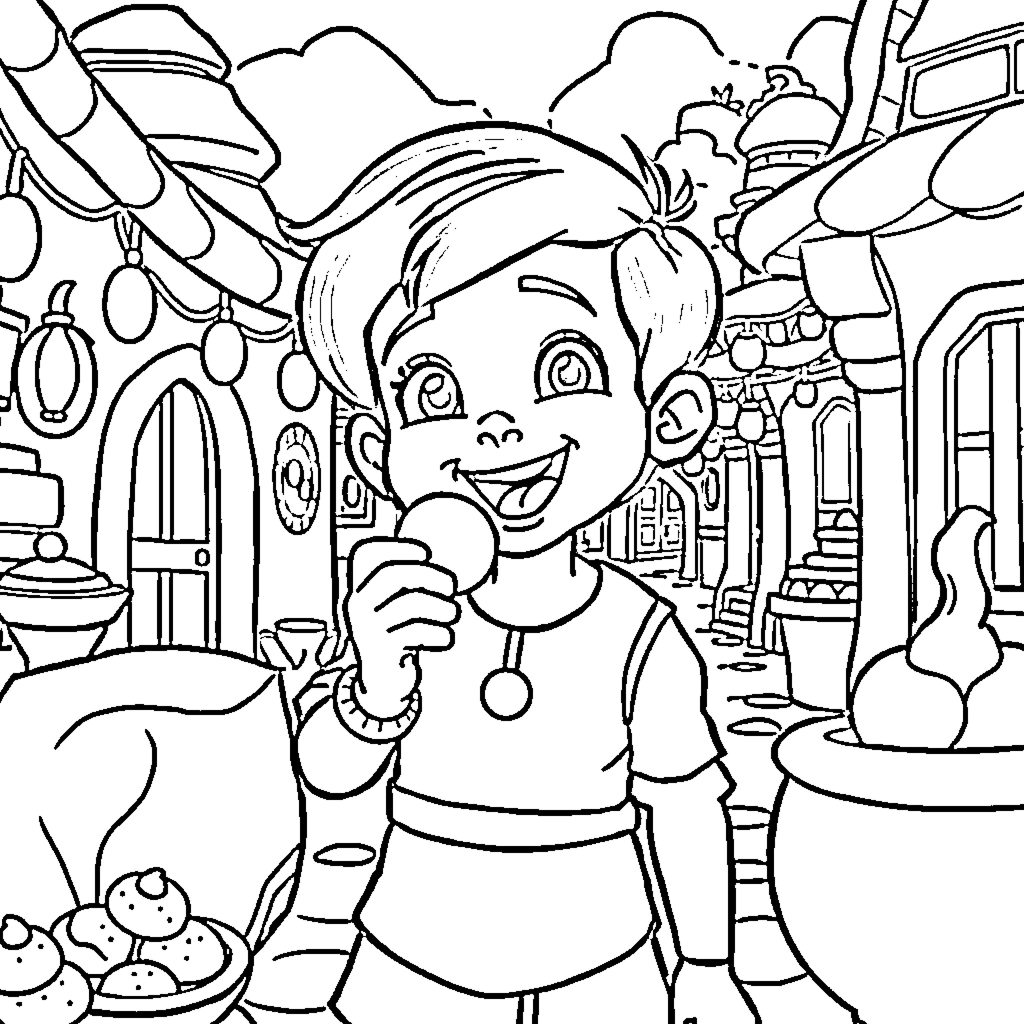 Chhota Bheem exploring a vibrant marketplace Coloring Page (free black-and-white line drawing printable PDF for all, from beginners to advanced learners, including children, teens, adults, and seniors)