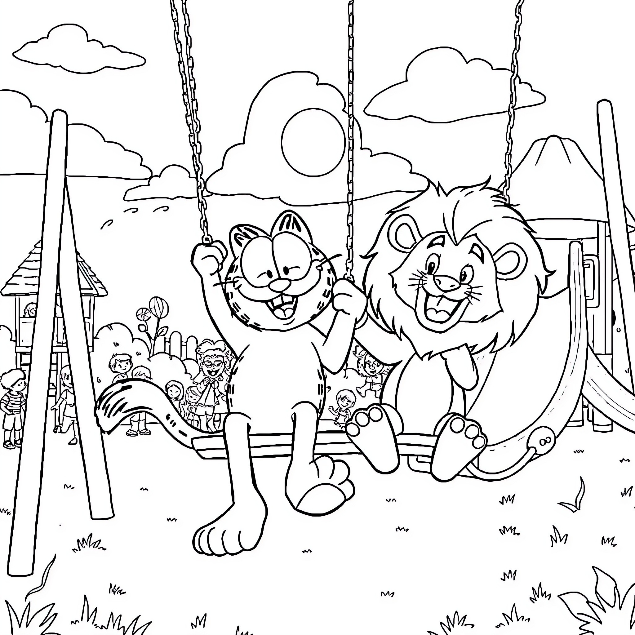 Garfield and Odie relaxing on a swing in nature Coloring Page (free black-and-white line drawing printable PDF for all, from beginners to advanced learners, including children, teens, adults, and seniors)