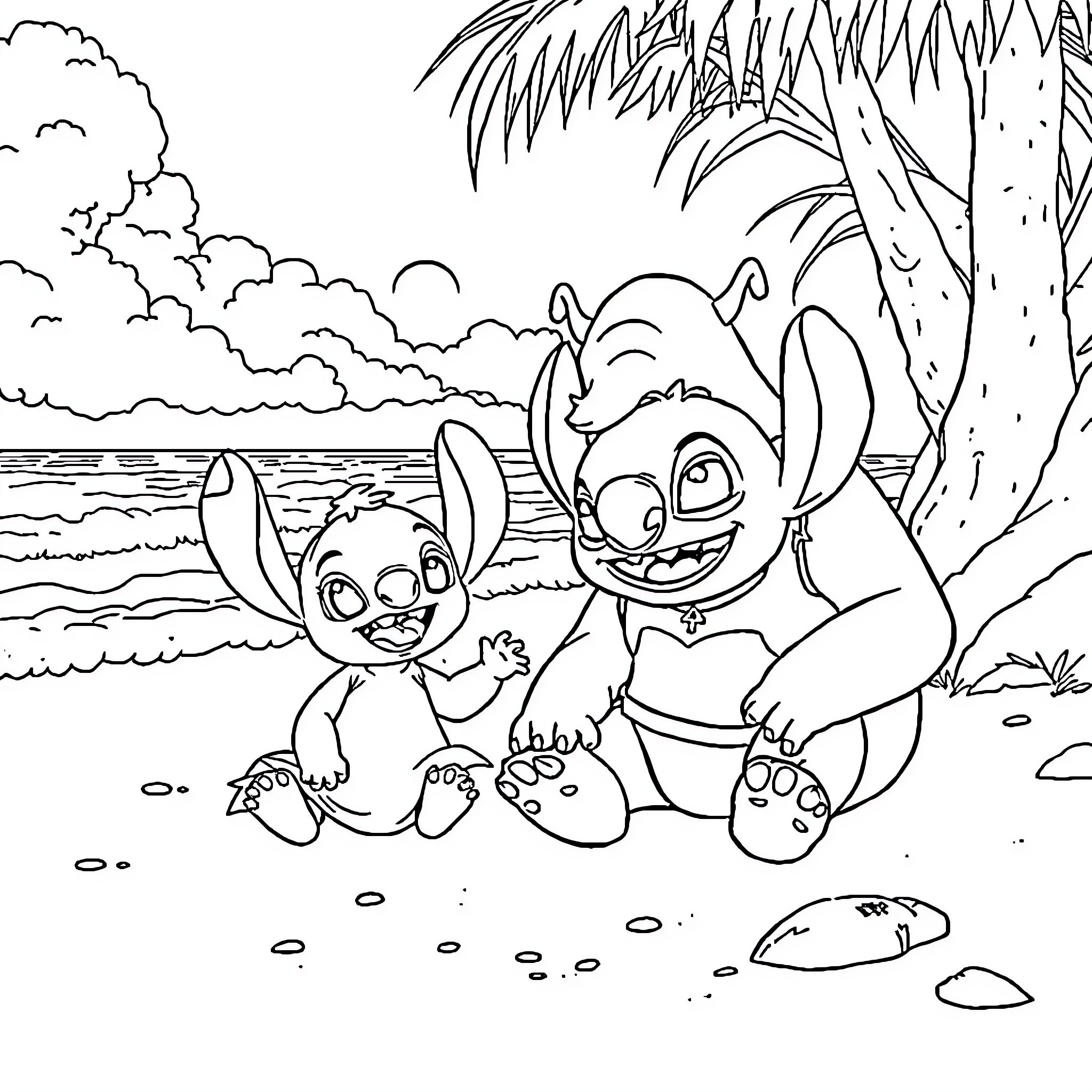Lilo and Stitch playing on the beach Coloring Page (free black-and-white line drawing printable PDF for all, from beginners to advanced learners, including children, teens, adults, and seniors)