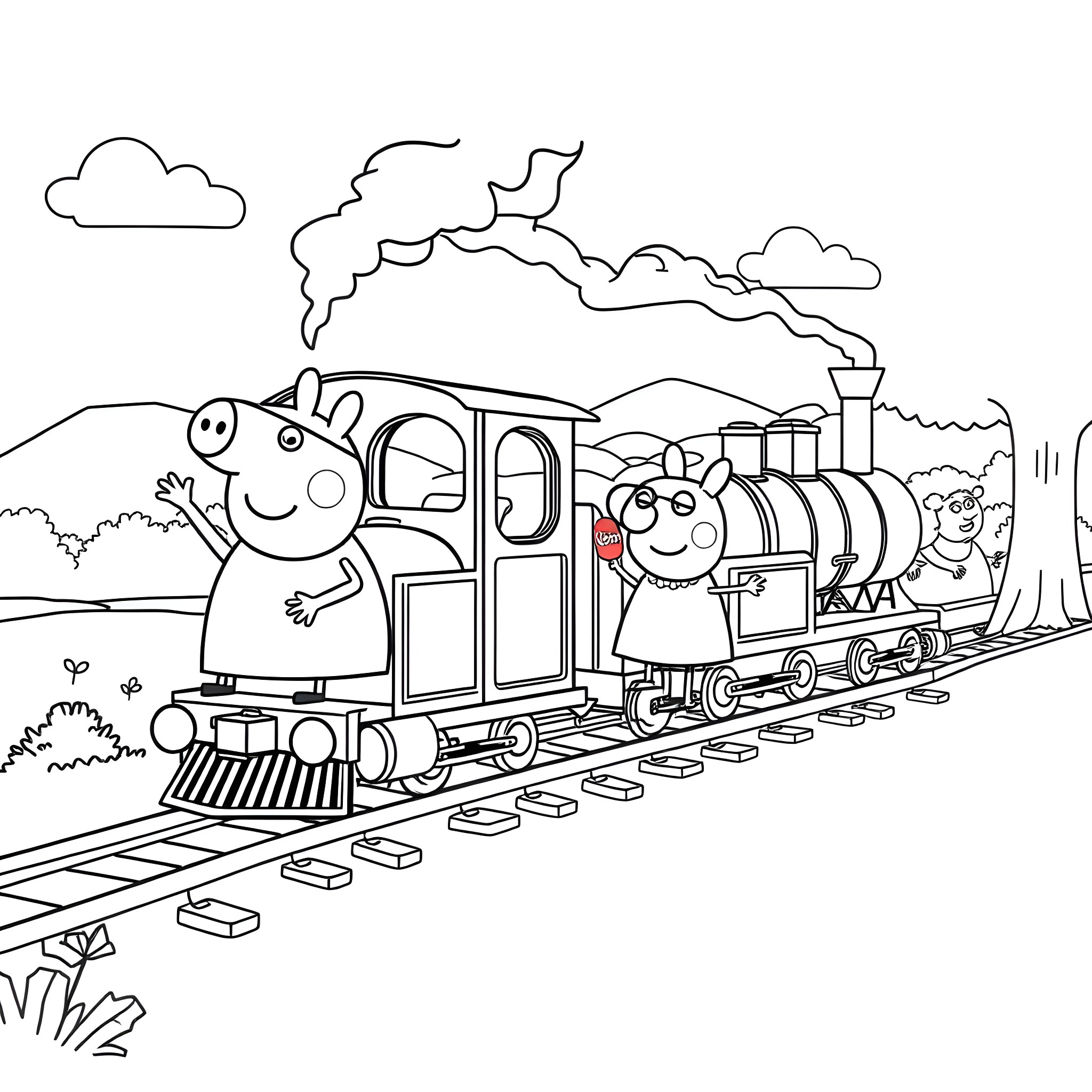 Grandparents enjoy a train ride through the countryside Coloring Page (free black-and-white line drawing printable PDF for all, from beginners to advanced learners, including children, teens, adults, and seniors)