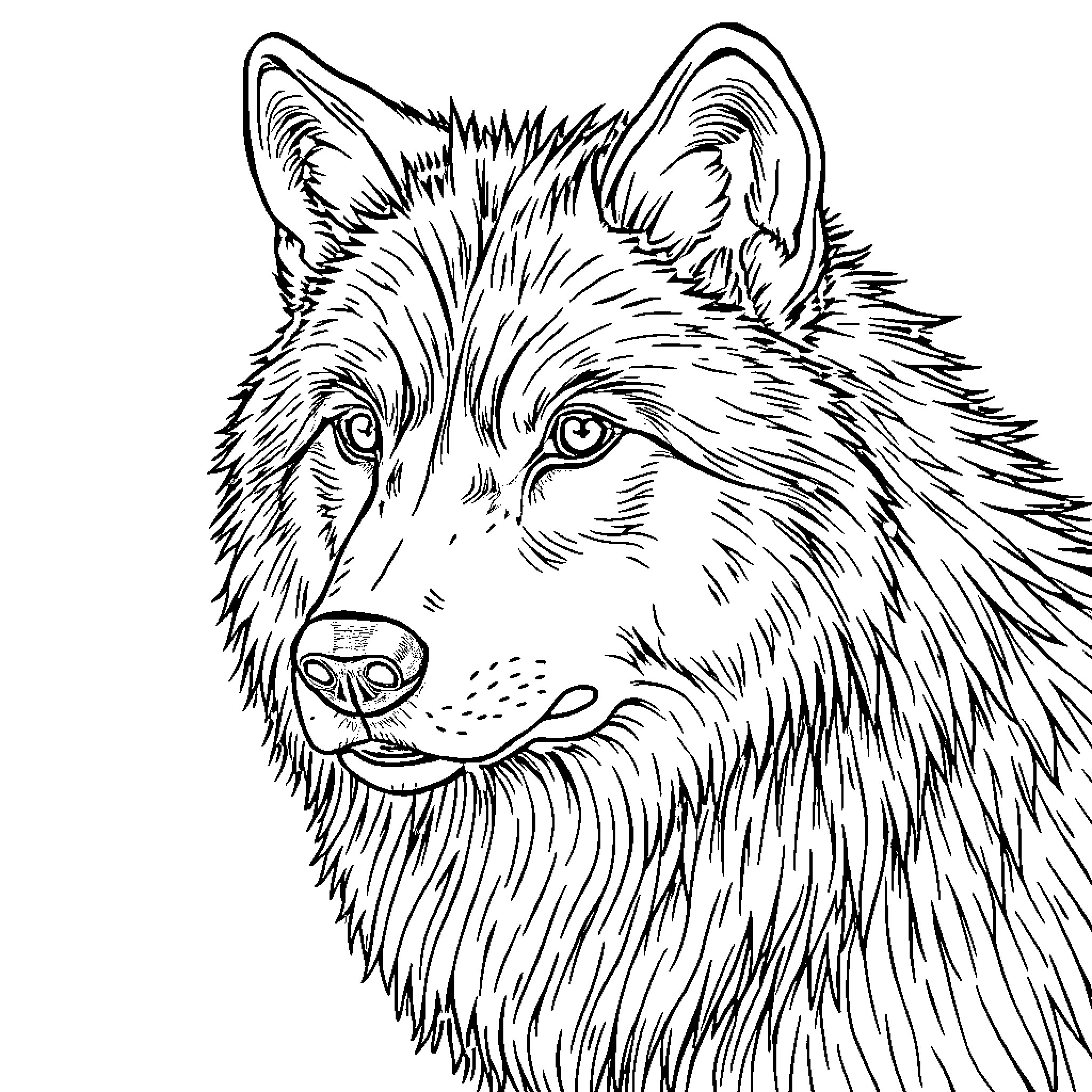 Wolf gazing intently with striking details Coloring Page (free black-and-white line drawing printable PDF for all, from beginners to advanced learners, including children, teens, adults, and seniors)