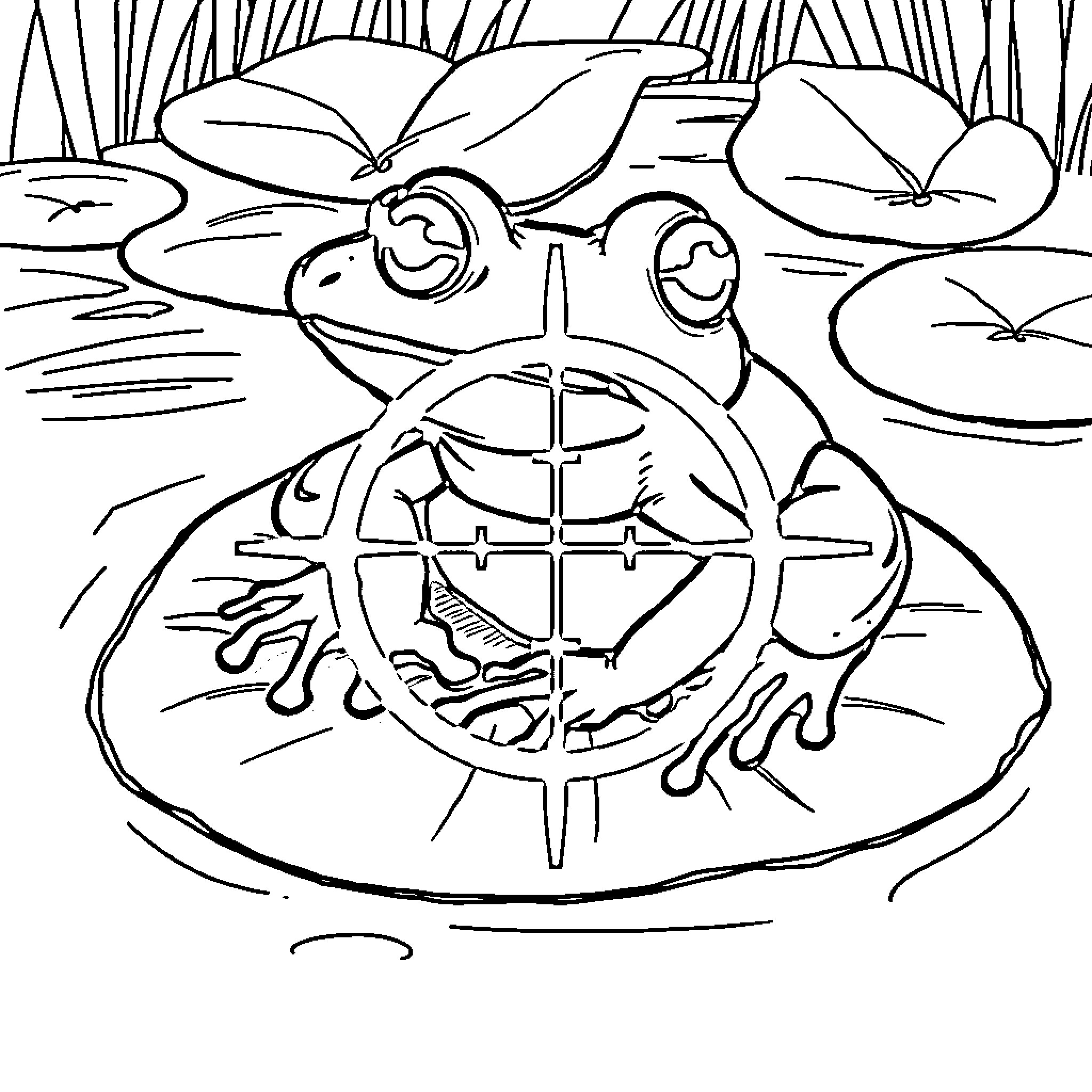 Frog Relaxing on Lily Pad in Pond Coloring Page (free black-and-white line drawing printable PDF for all, from beginners to advanced learners, including children, teens, adults, and seniors)