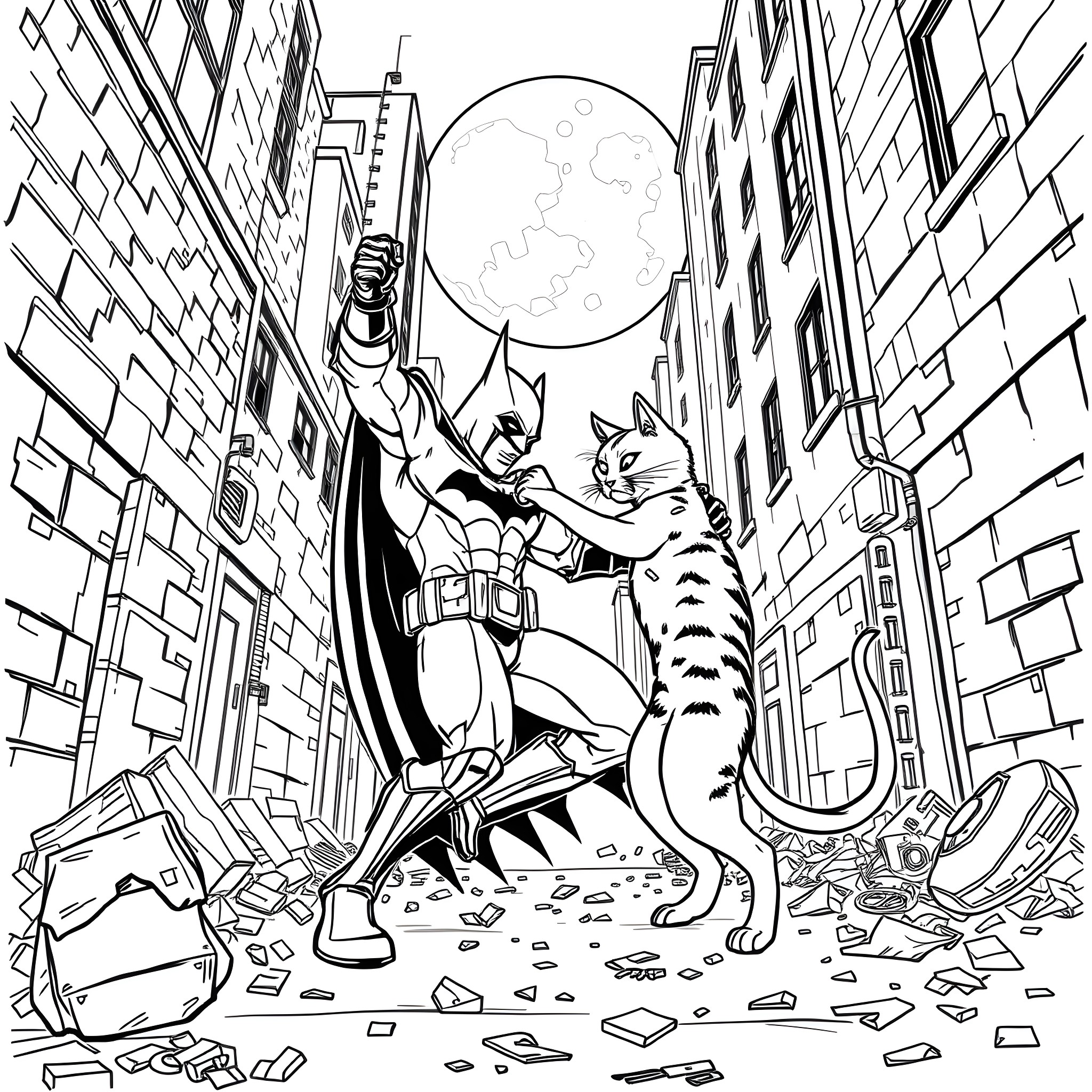 Batman fighting alongside a fearsome cat in a ruined city Coloring Page (free black-and-white line drawing printable PDF for all, from beginners to advanced learners, including children, teens, adults, and seniors)