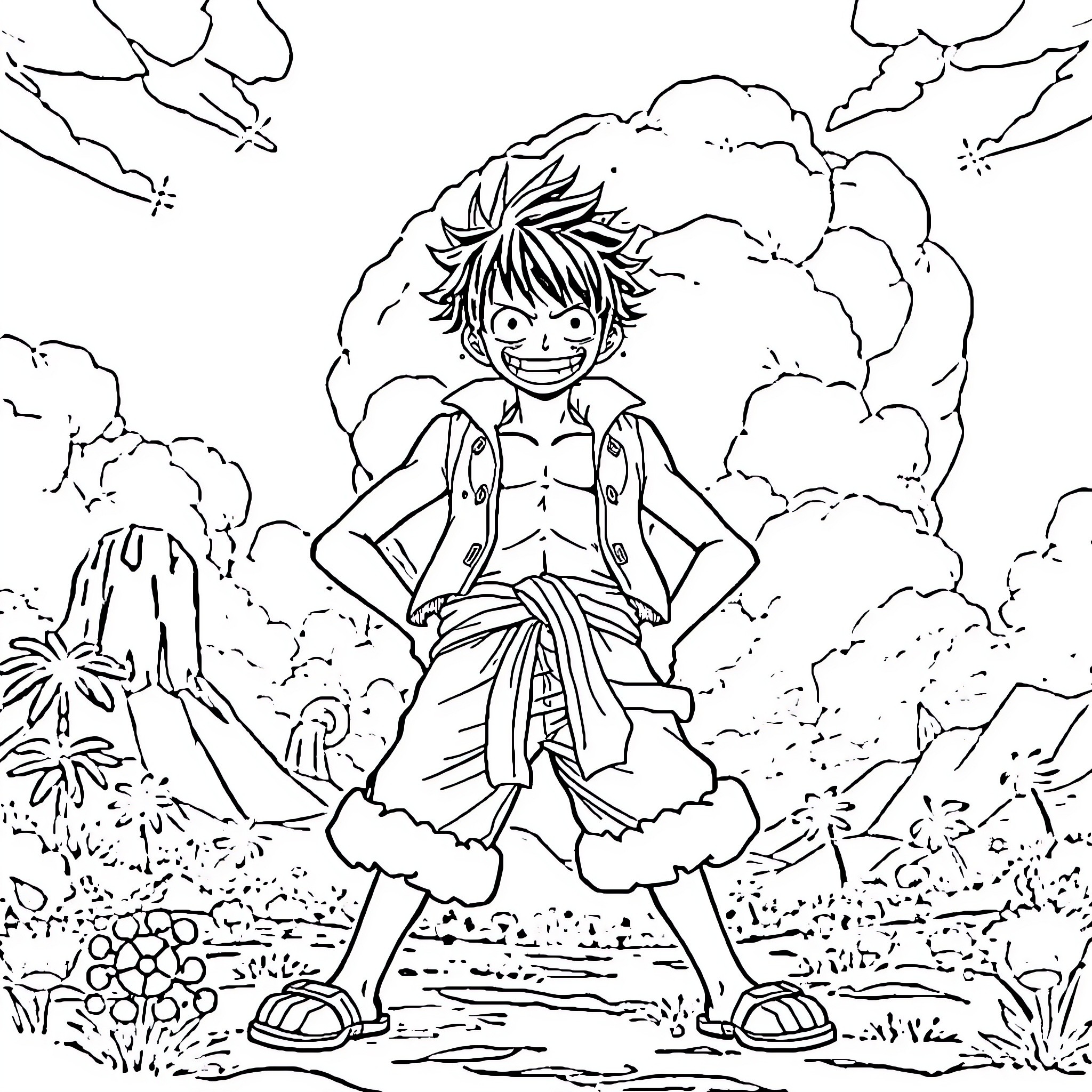 Monkey D Luffy in a fantastical nature scene Coloring Page (free black-and-white line drawing printable PDF for all, from beginners to advanced learners, including children, teens, adults, and seniors)