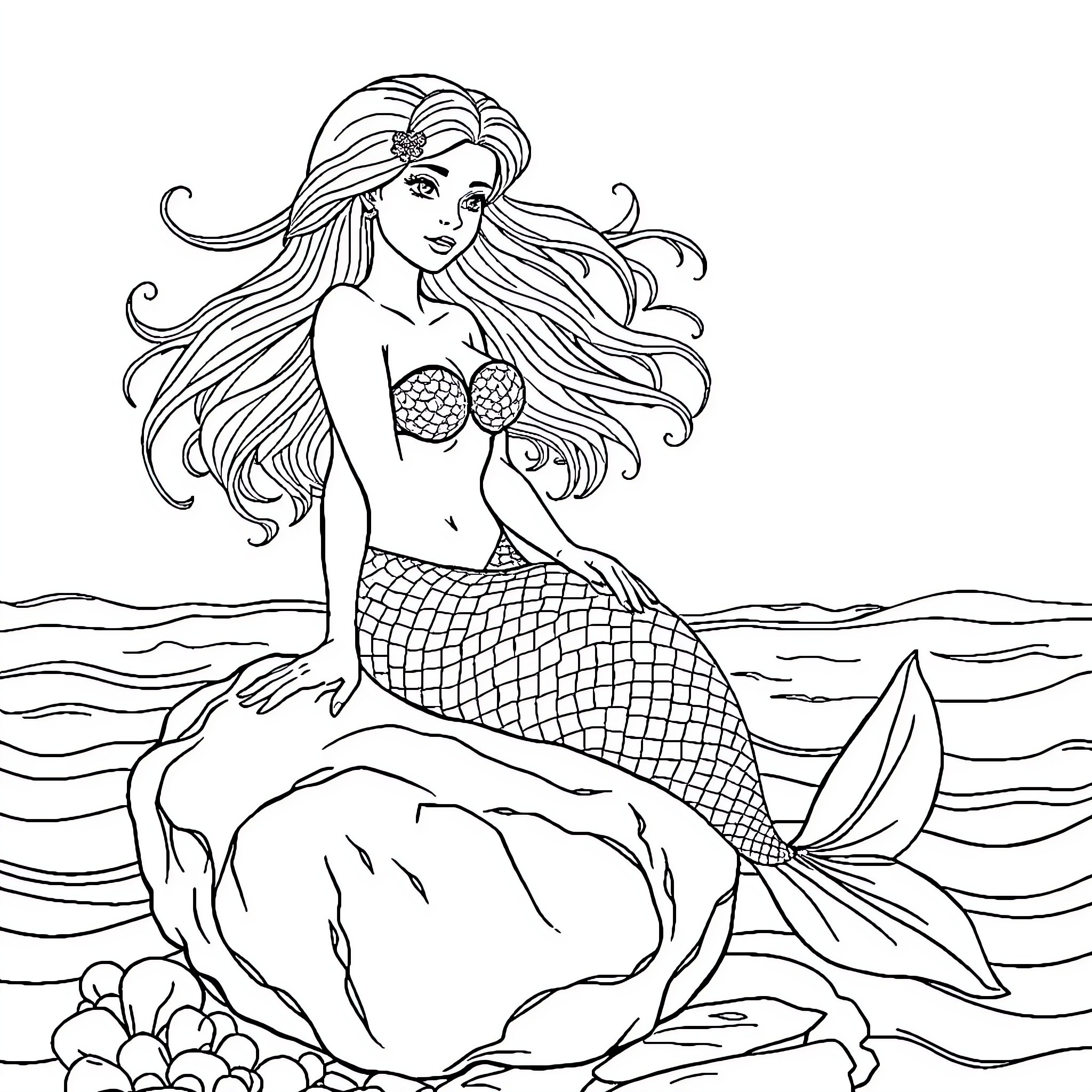 Mermaid relaxing in the ocean Coloring Page (free black-and-white line drawing printable PDF for all, from beginners to advanced learners, including children, teens, adults, and seniors)