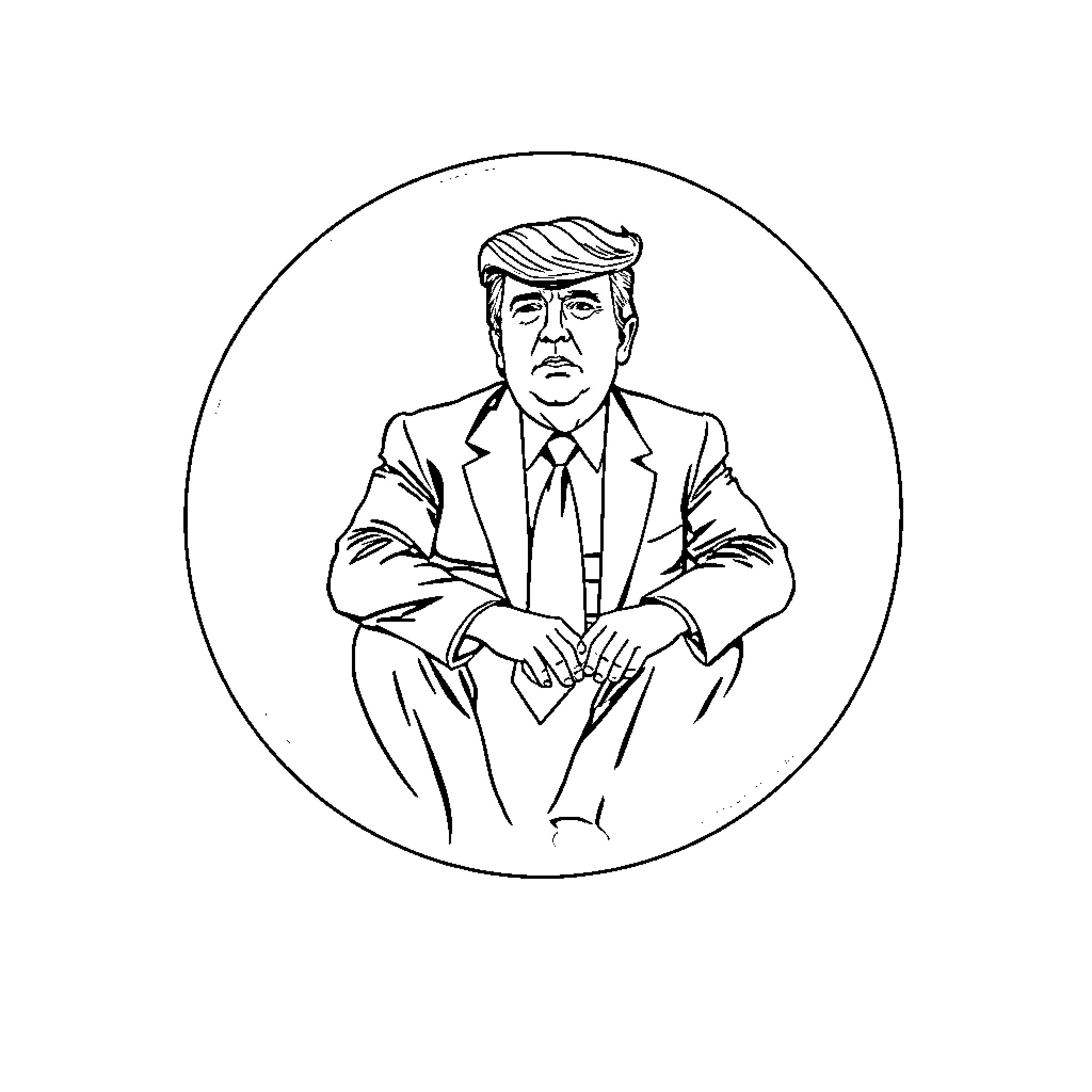 Donald Trump sitting in formal attire Coloring Page (free black-and-white line drawing printable PDF for all, from beginners to advanced learners, including children, teens, adults, and seniors)