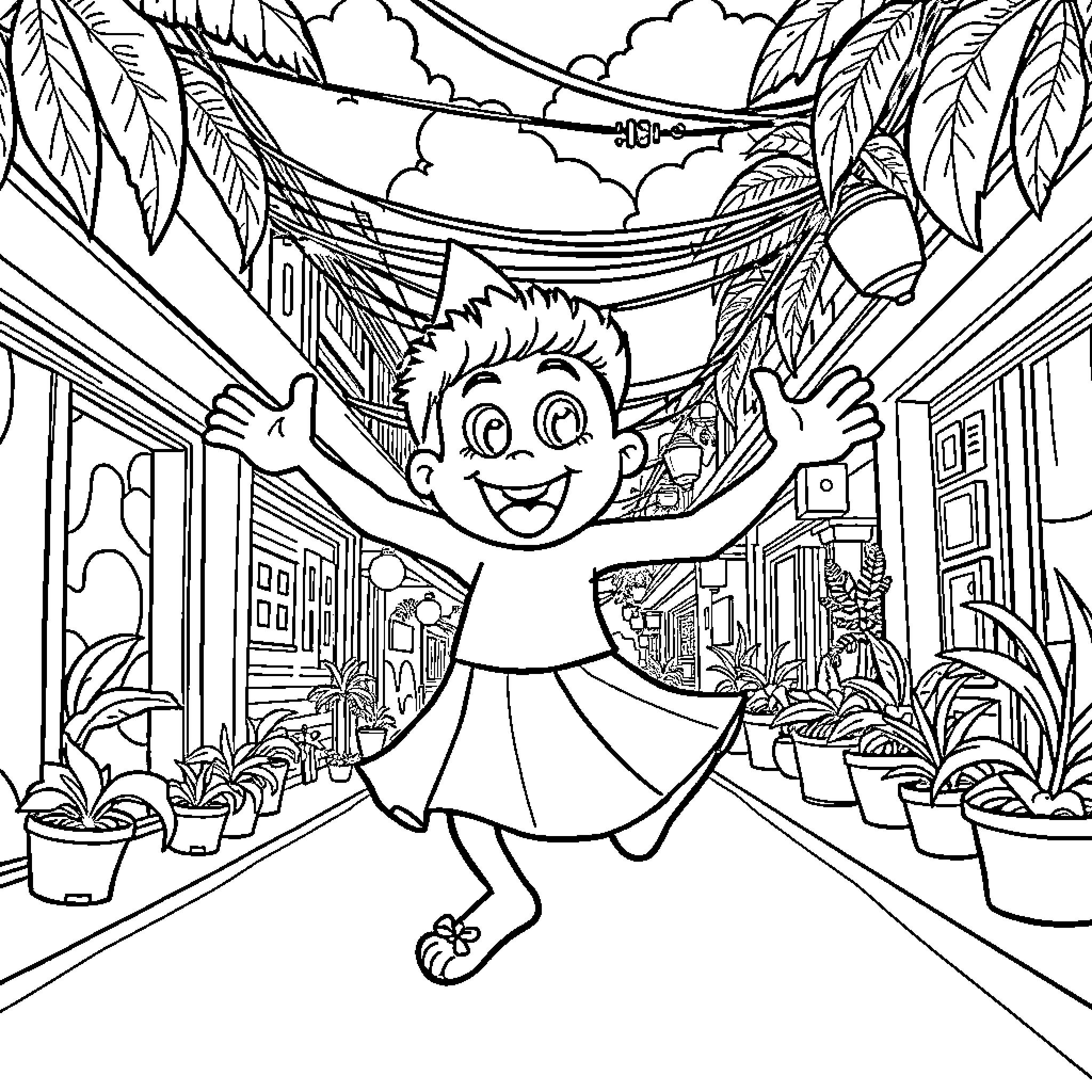 Skibidi Playful Kid in Vibrant Tropical Setting Coloring Page (free black-and-white line drawing printable PDF for all, from beginners to advanced learners, including children, teens, adults, and seniors)