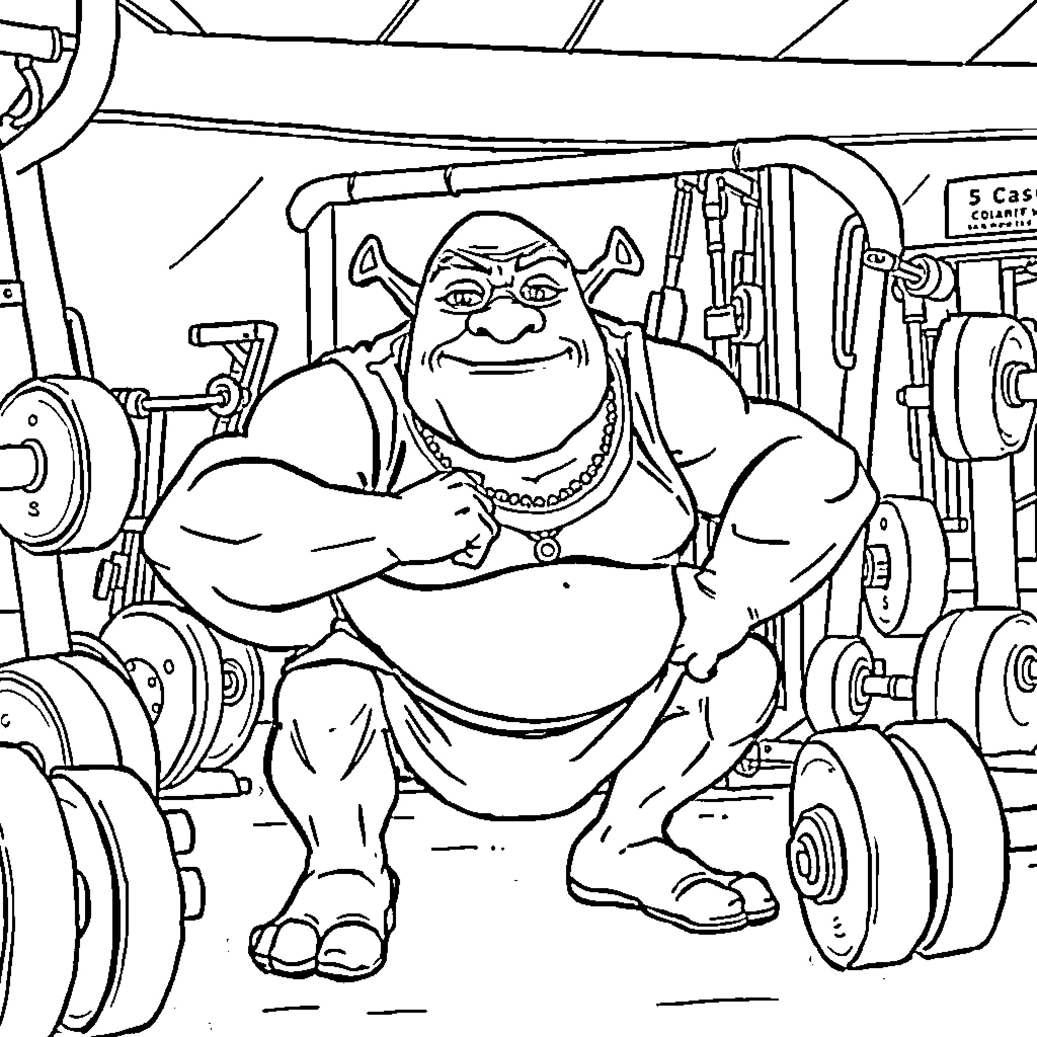 Shrek Lifting Weights in the Gym Coloring Page (free black-and-white line drawing printable PDF for all, from beginners to advanced learners, including children, teens, adults, and seniors)