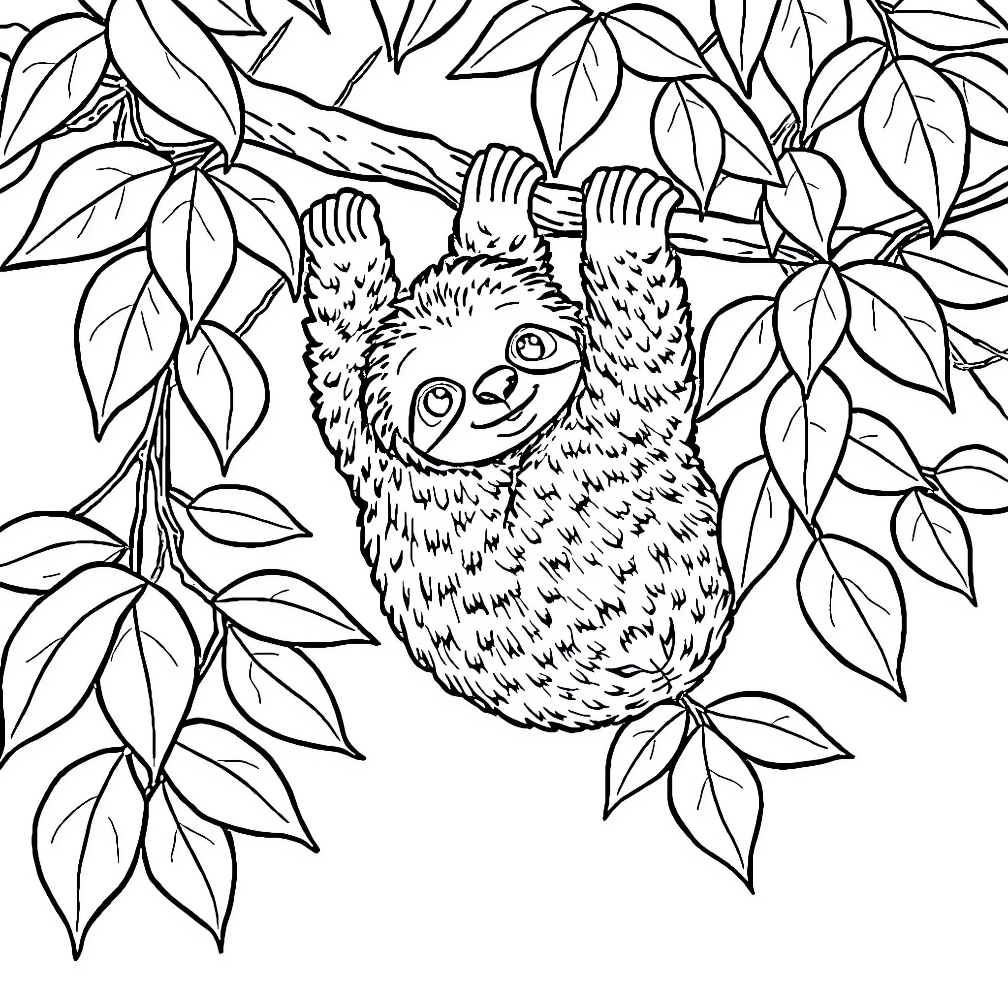 Sloth hanging from tree branch in jungle Coloring Page (free black-and-white line drawing printable PDF for all, from beginners to advanced learners, including children, teens, adults, and seniors)