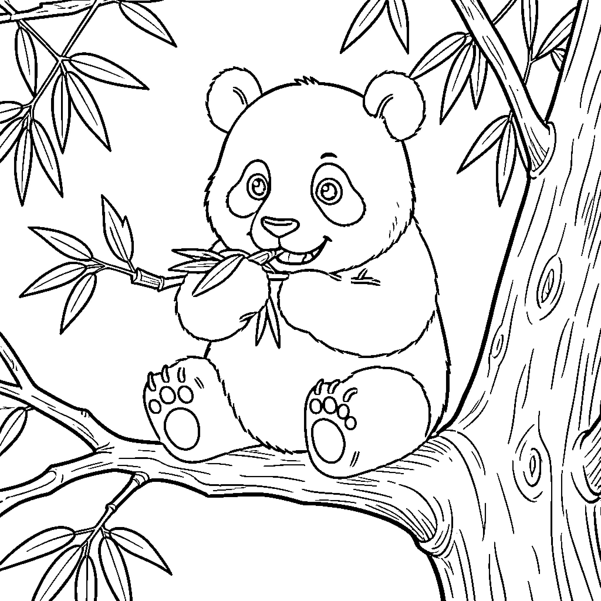 Panda eating bamboo in the forest Coloring Page (free black-and-white line drawing printable PDF for all, from beginners to advanced learners, including children, teens, adults, and seniors)