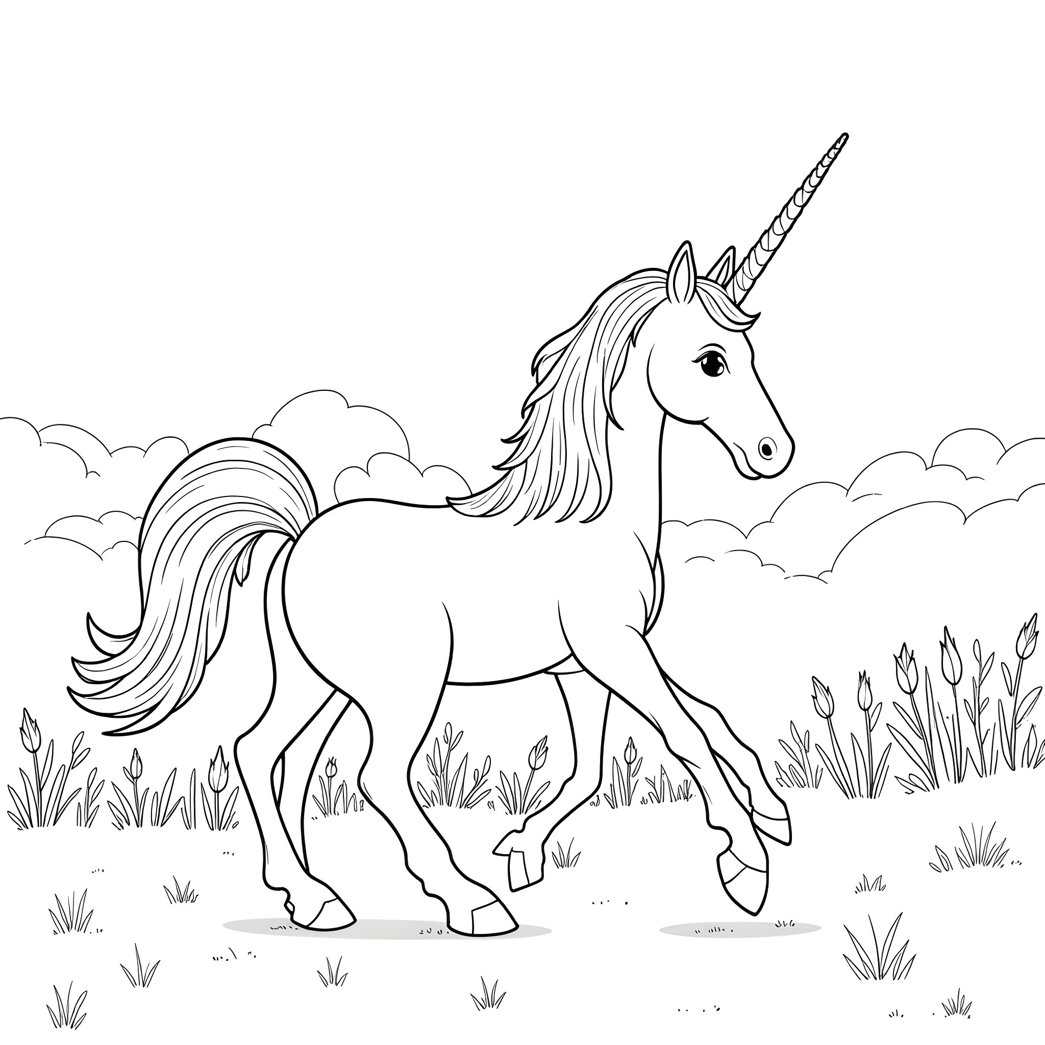 Unicorn gracefully walking in a magical field Coloring Page (free black-and-white line drawing printable PDF for all, from beginners to advanced learners, including children, teens, adults, and seniors)