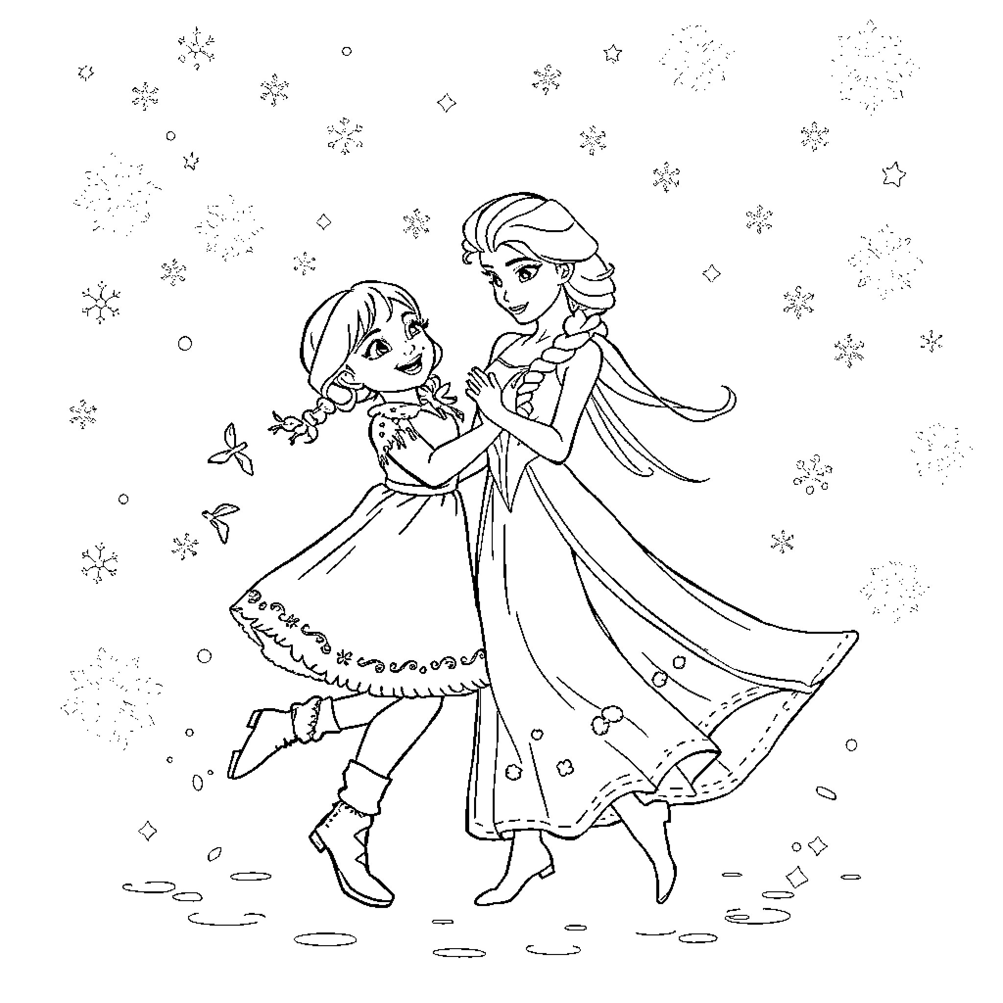 Heidi and Elsa dancing in the winter wonderland Coloring Page (free black-and-white line drawing printable PDF for all, from beginners to advanced learners, including children, teens, adults, and seniors)