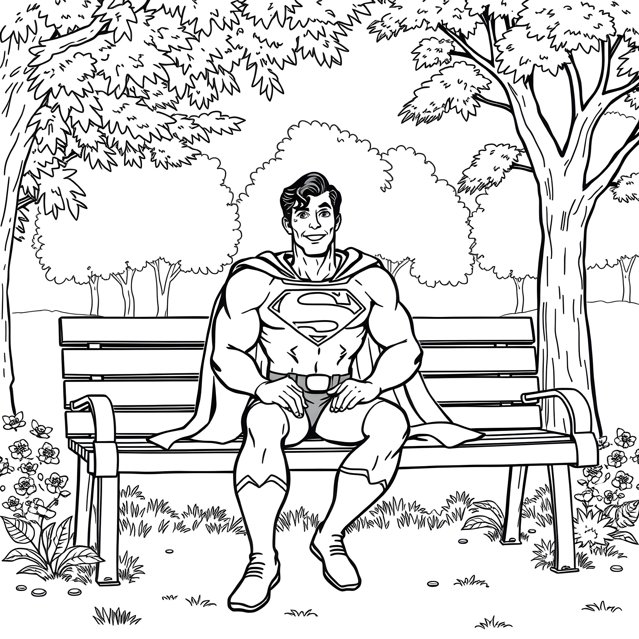Superman relaxing on a park bench Coloring Page (free black-and-white line drawing printable PDF for all, from beginners to advanced learners, including children, teens, adults, and seniors)