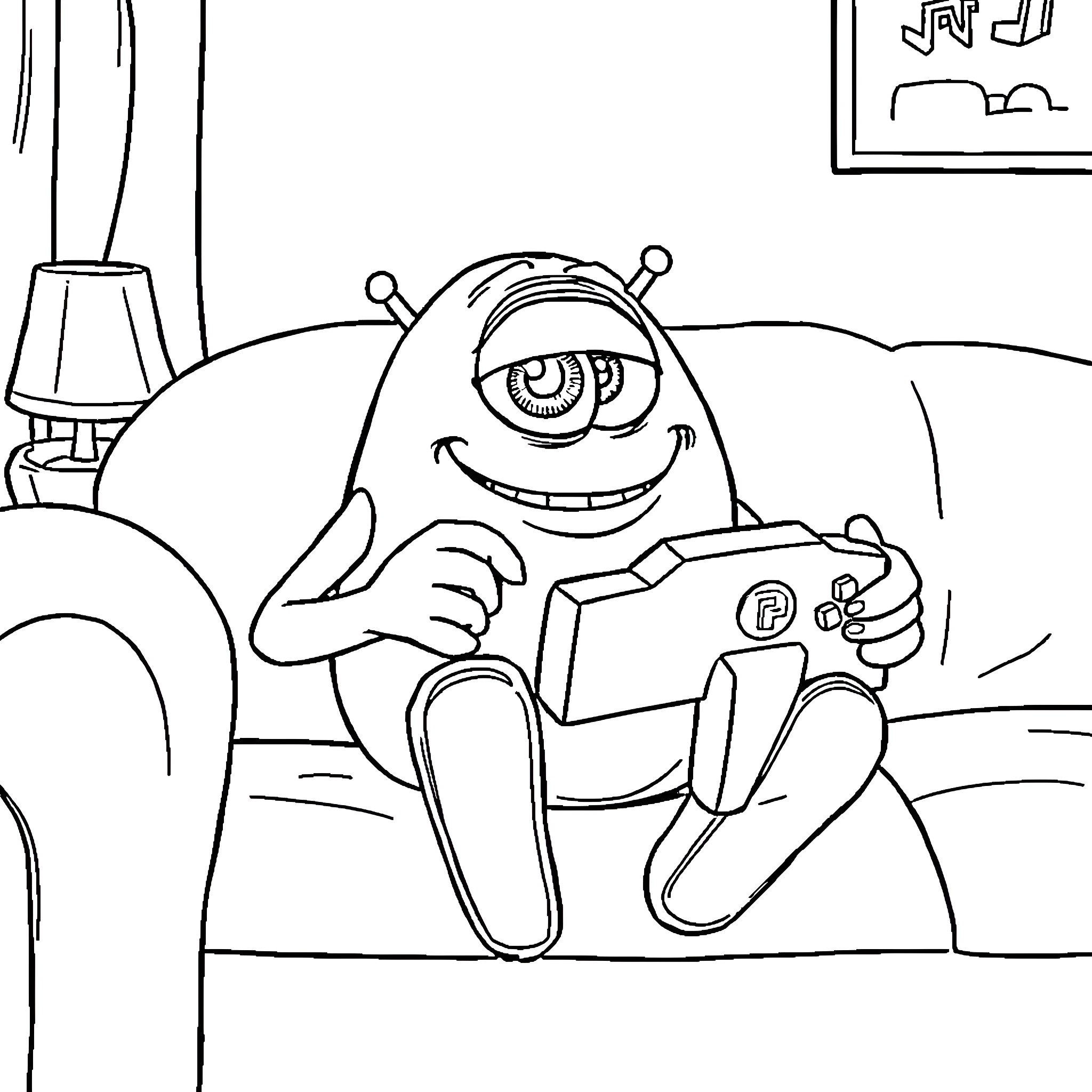 Mike Wazowski playing video game on couch Coloring Page (free black-and-white line drawing printable PDF for all, from beginners to advanced learners, including children, teens, adults, and seniors)