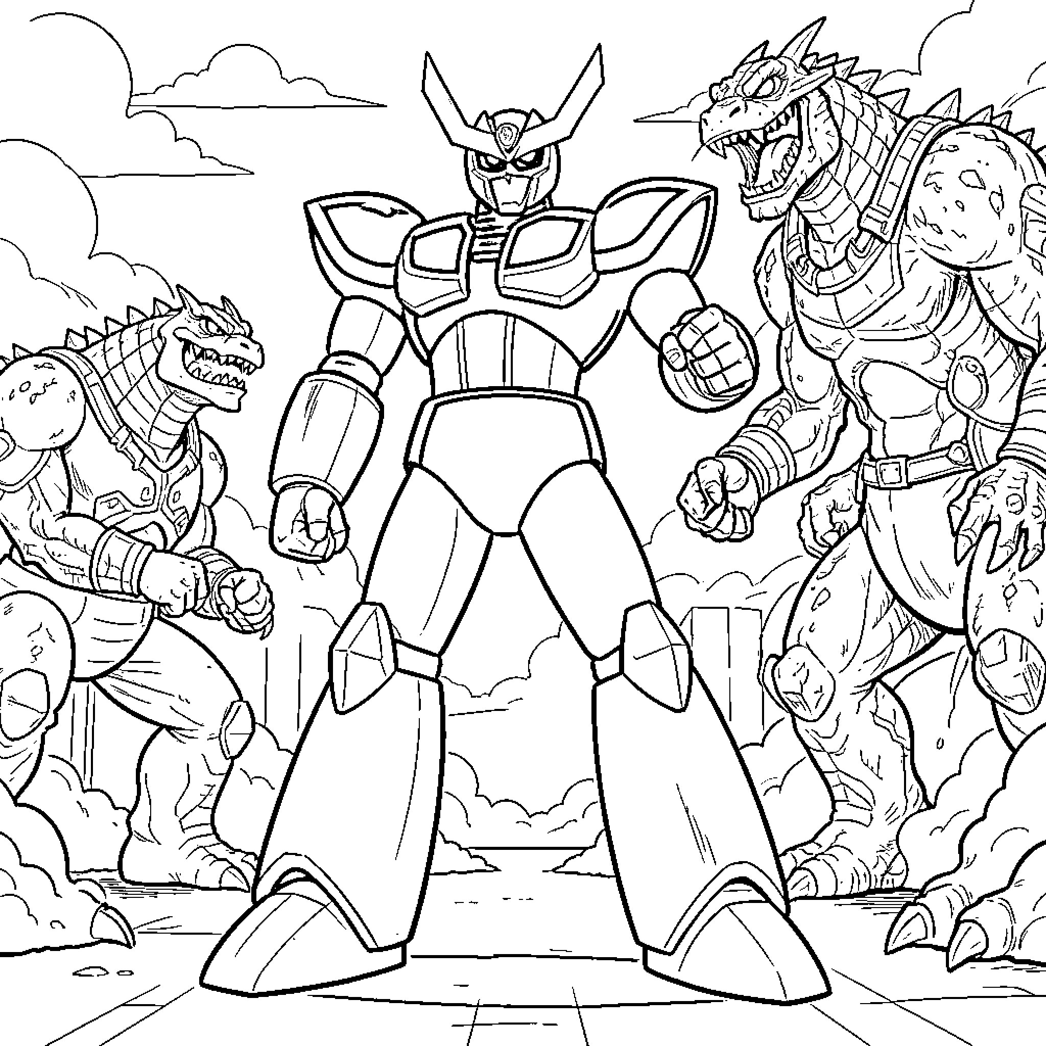 Mazinger Z standing heroically between two giant monsters Coloring Page (free black-and-white line drawing printable PDF for all, from beginners to advanced learners, including children, teens, adults, and seniors)