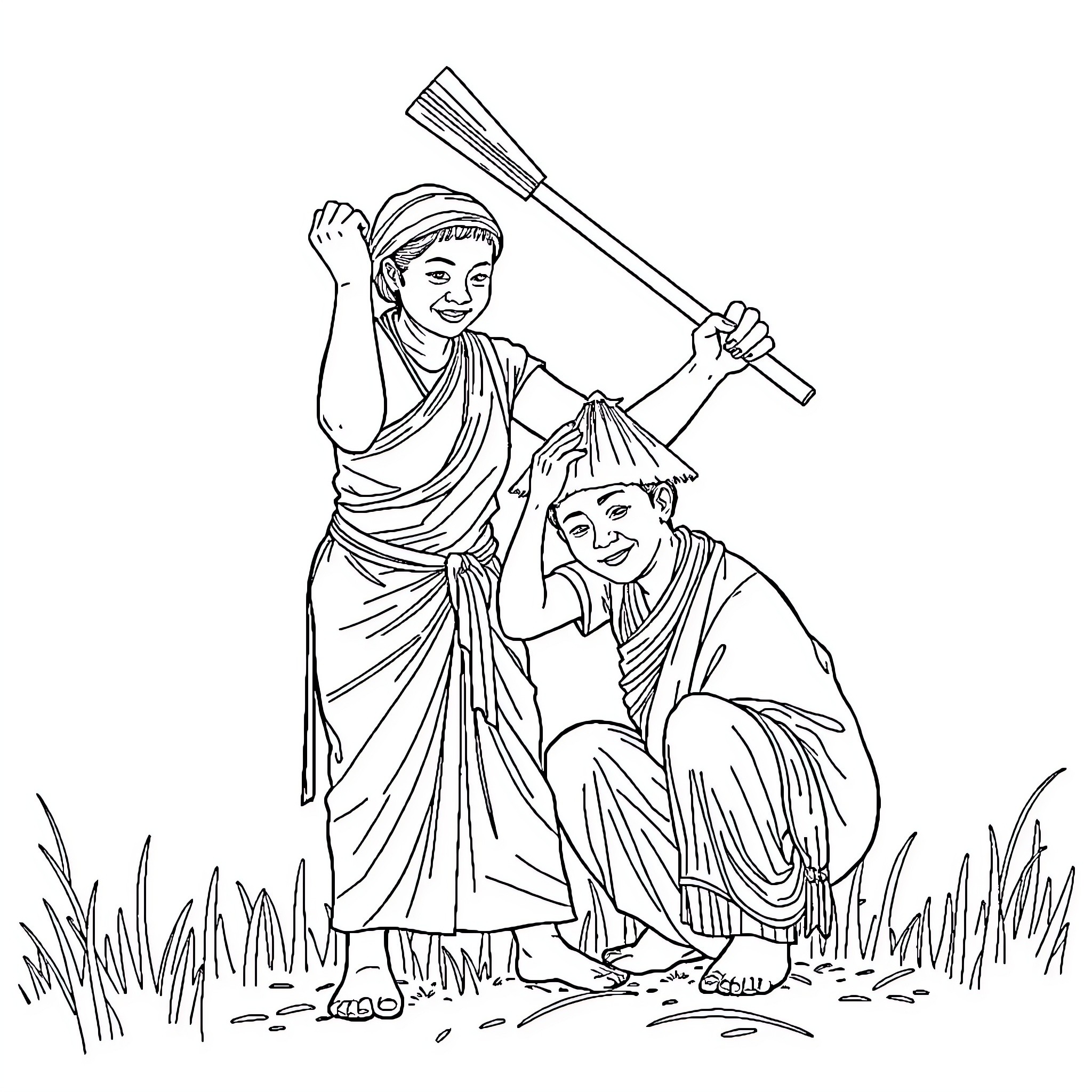 Dayang Sumbi and Bandung Bondowoso in traditional garb Coloring Page (free black-and-white line drawing printable PDF for all, from beginners to advanced learners, including children, teens, adults, and seniors)