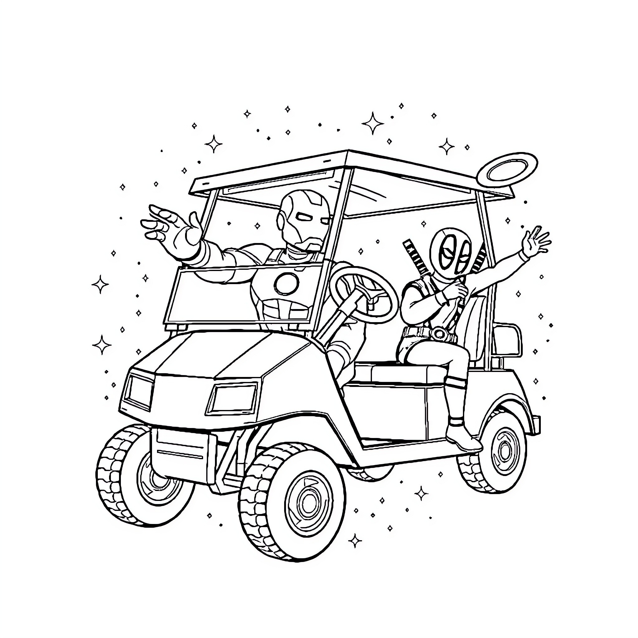 Iron Man riding golf cart with teammates Coloring Page (free black-and-white line drawing printable PDF for all, from beginners to advanced learners, including children, teens, adults, and seniors)