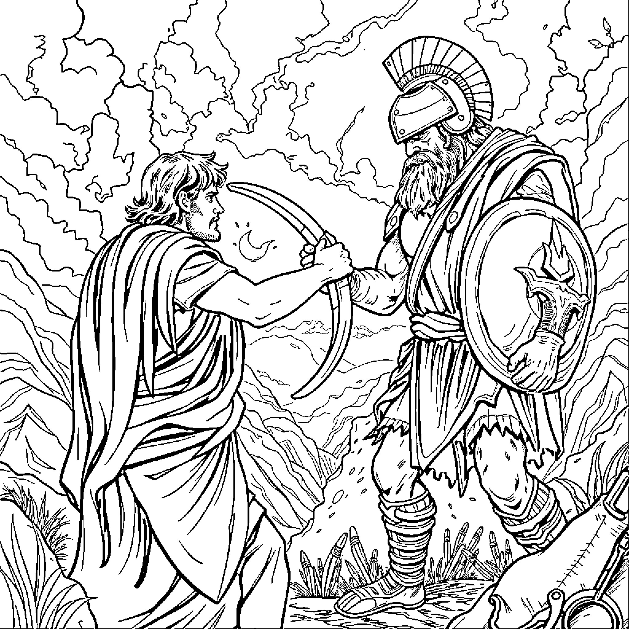 David's Encounter with a Warrior in the Wilderness Coloring Page (free black-and-white line drawing printable PDF for all, from beginners to advanced learners, including children, teens, adults, and seniors)