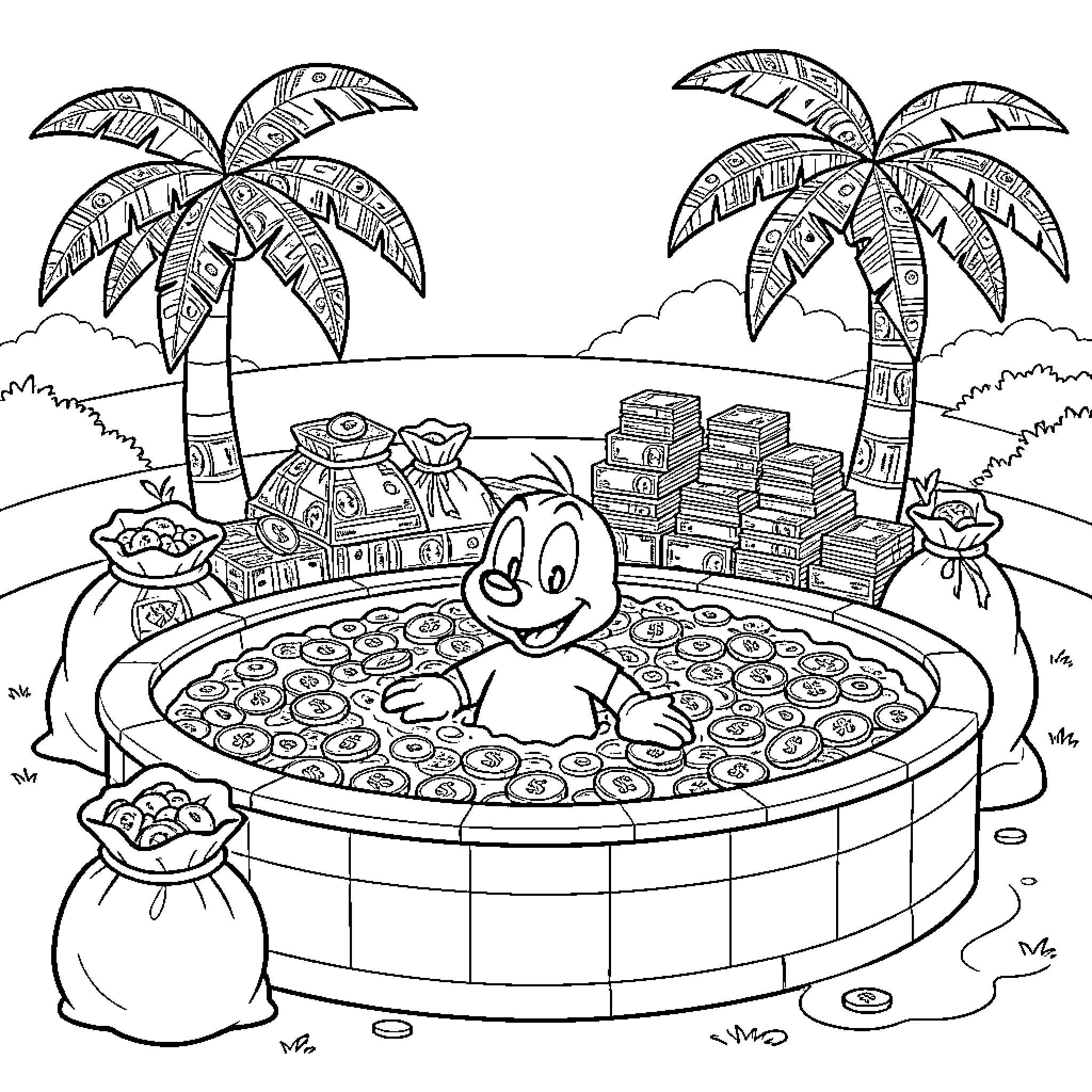 Scrooge McDuck bathing in a pool of gold coins Coloring Page (free black-and-white line drawing printable PDF for all, from beginners to advanced learners, including children, teens, adults, and seniors)