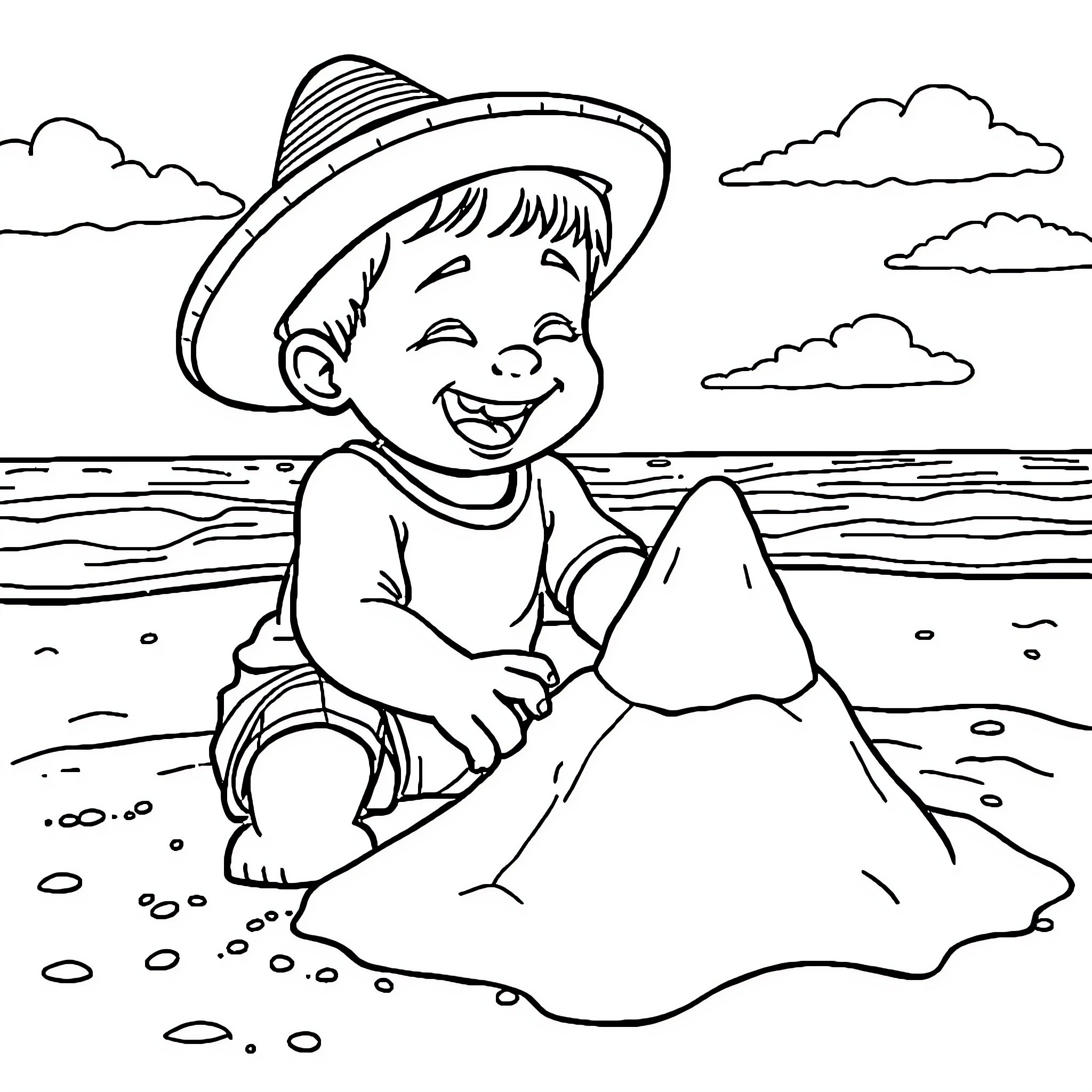 Toddler playing happily in the sand at the beach Coloring Page (free black-and-white line drawing printable PDF for all, from beginners to advanced learners, including children, teens, adults, and seniors)