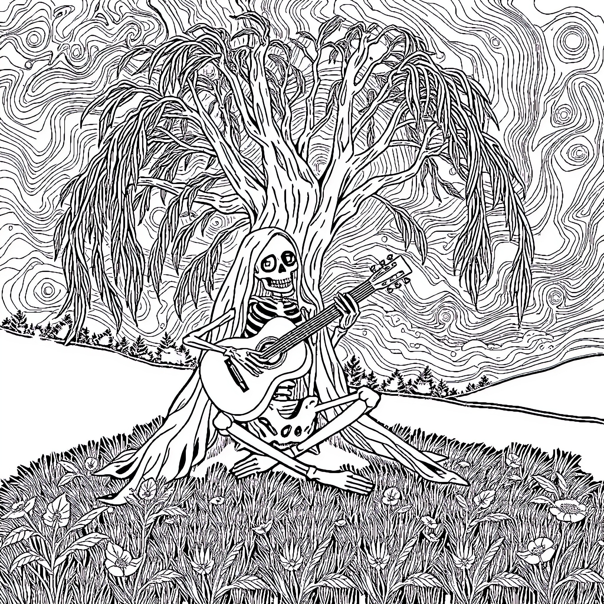Skeleton Musician Plays Guitar under Towering Tree Coloring Page (free black-and-white line drawing printable PDF for all, from beginners to advanced learners, including children, teens, adults, and seniors)